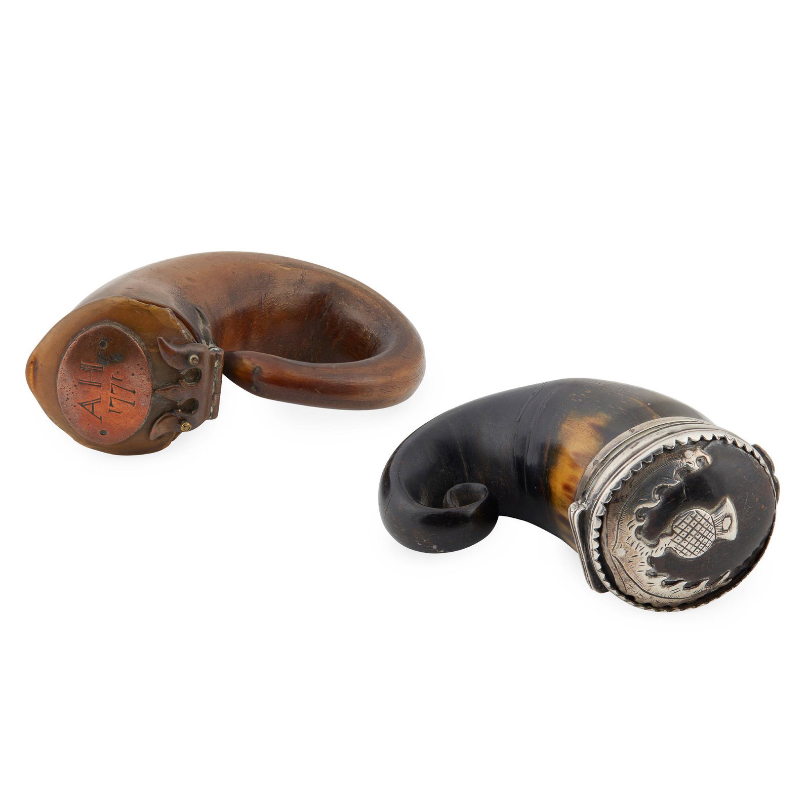 AN 18TH CENTURY SCOTTISH SNUFF MULL: AN 18TH CENTURY SCOTTISH SNUFF MULL the polished cow horn modelled as a serpent, the hinged lid set with a copper plaque engraved AH1171; together with another, engraved to the collar, 'Niven MacVicar