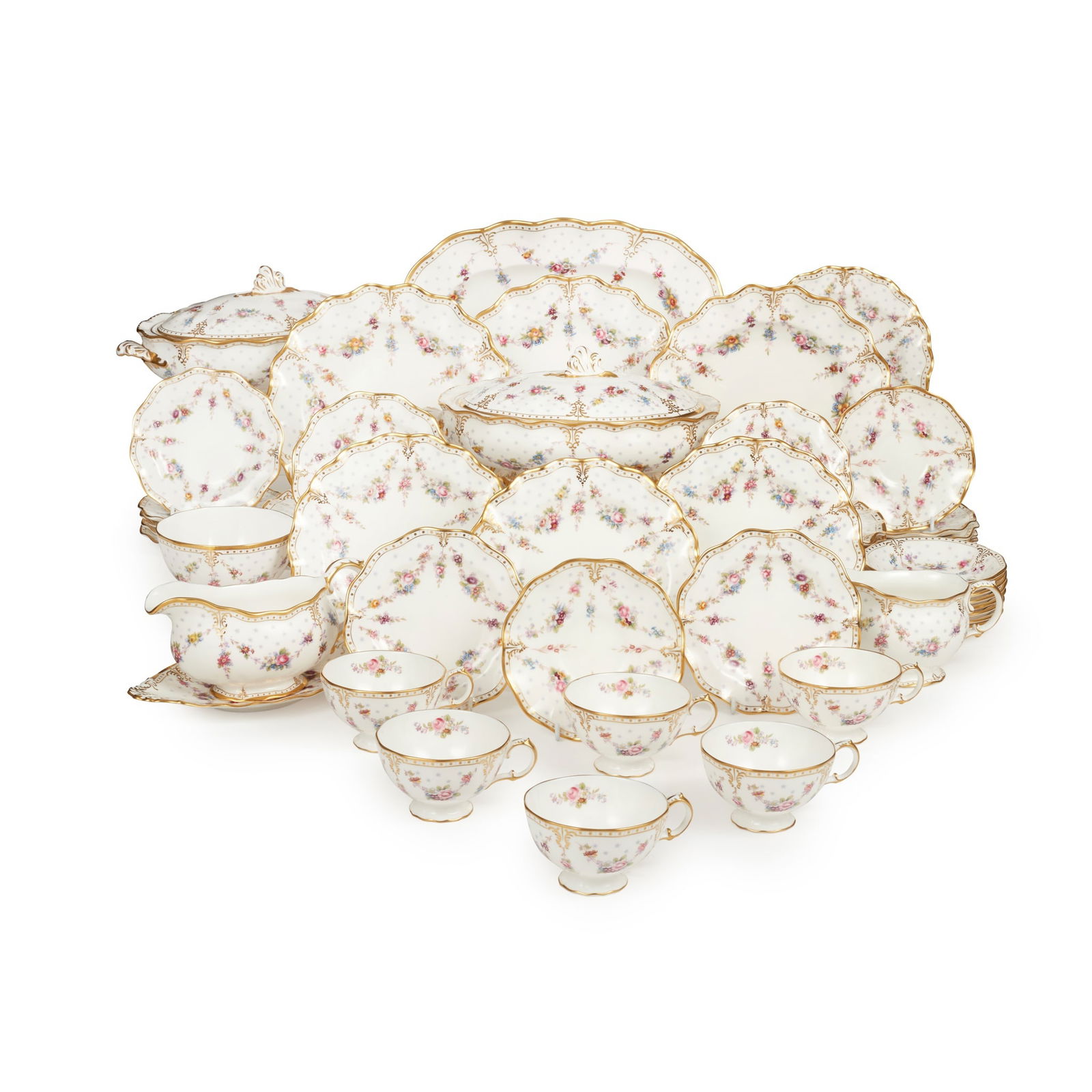 EXTENSIVE ROYAL CROWN DERBY DINNER SERVICE IN THE 'ROYAL ANTOINETTE' PATTERN MODERN (1 of 3)
