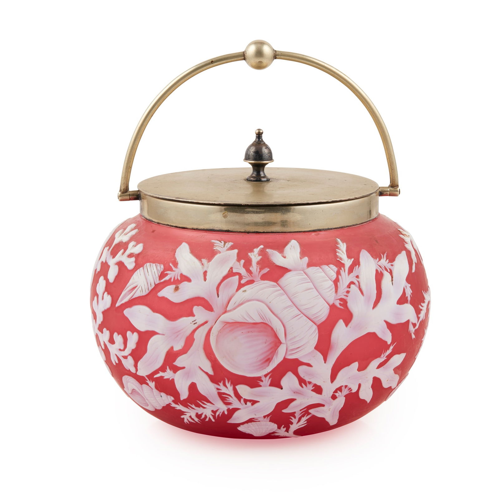 ENGLISH CAMEO GLASS SILVER-PLATE MOUNTED BISCUIT BARREL, IN THE MANNER OF THOMAS WEBB LATE 19TH (1 of 1)