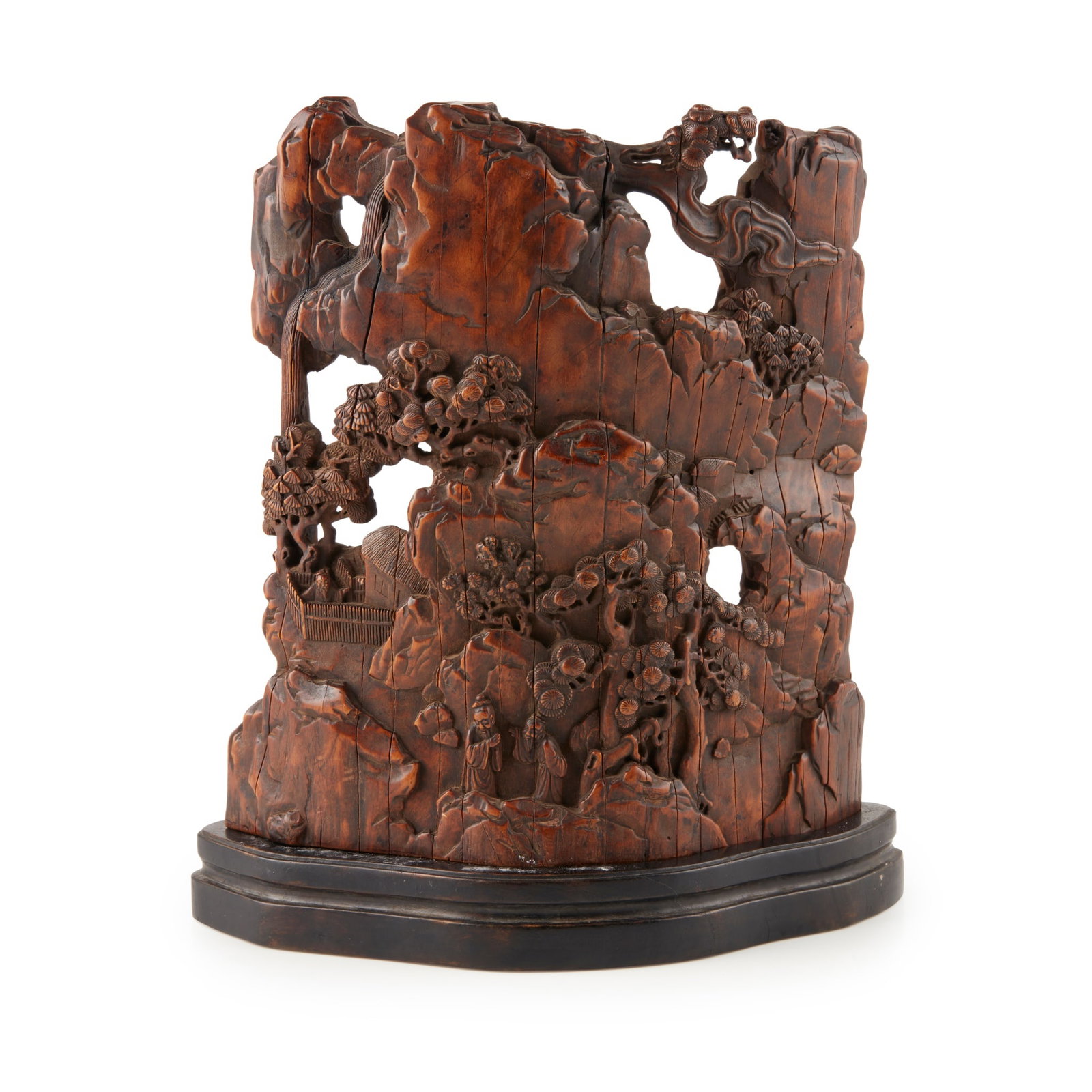 HUANGYANGMU CARVING OF LANDSCAPE QING DYNASTY, 18TH-19TH CENTURY: 清 黃楊木透雕山水人物紋擺件 含隨形木座 carved from a whole piece of wood, of slightly curved