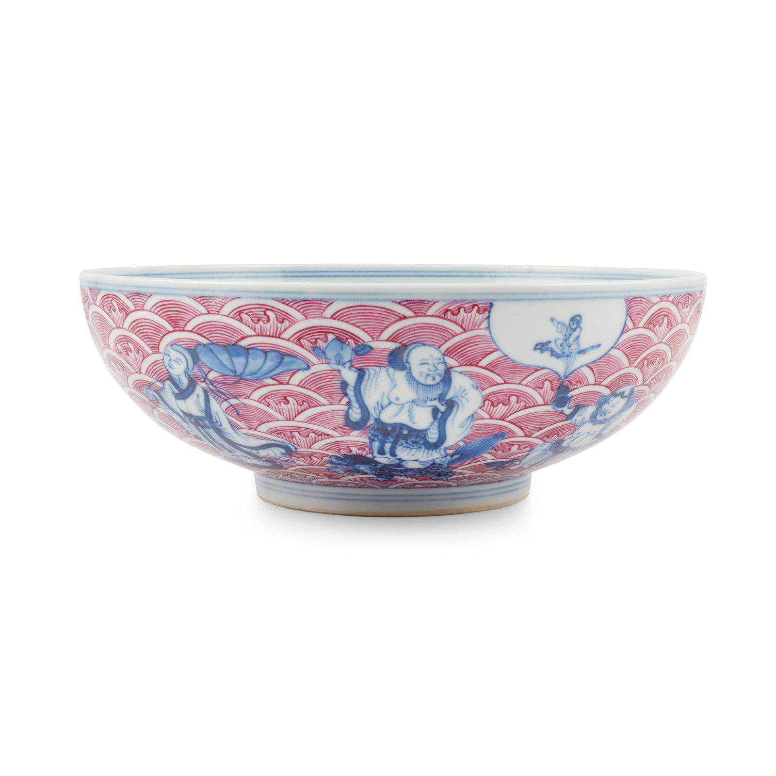 PUCE-ENAMELED BLUE AND WHITE BOWL GUANGXU MARK: 光緒款 青花胭脂紅八仙過海紋碗 the rounded sides rising from a tapered foot, the exterior painted in underglaze blue 
