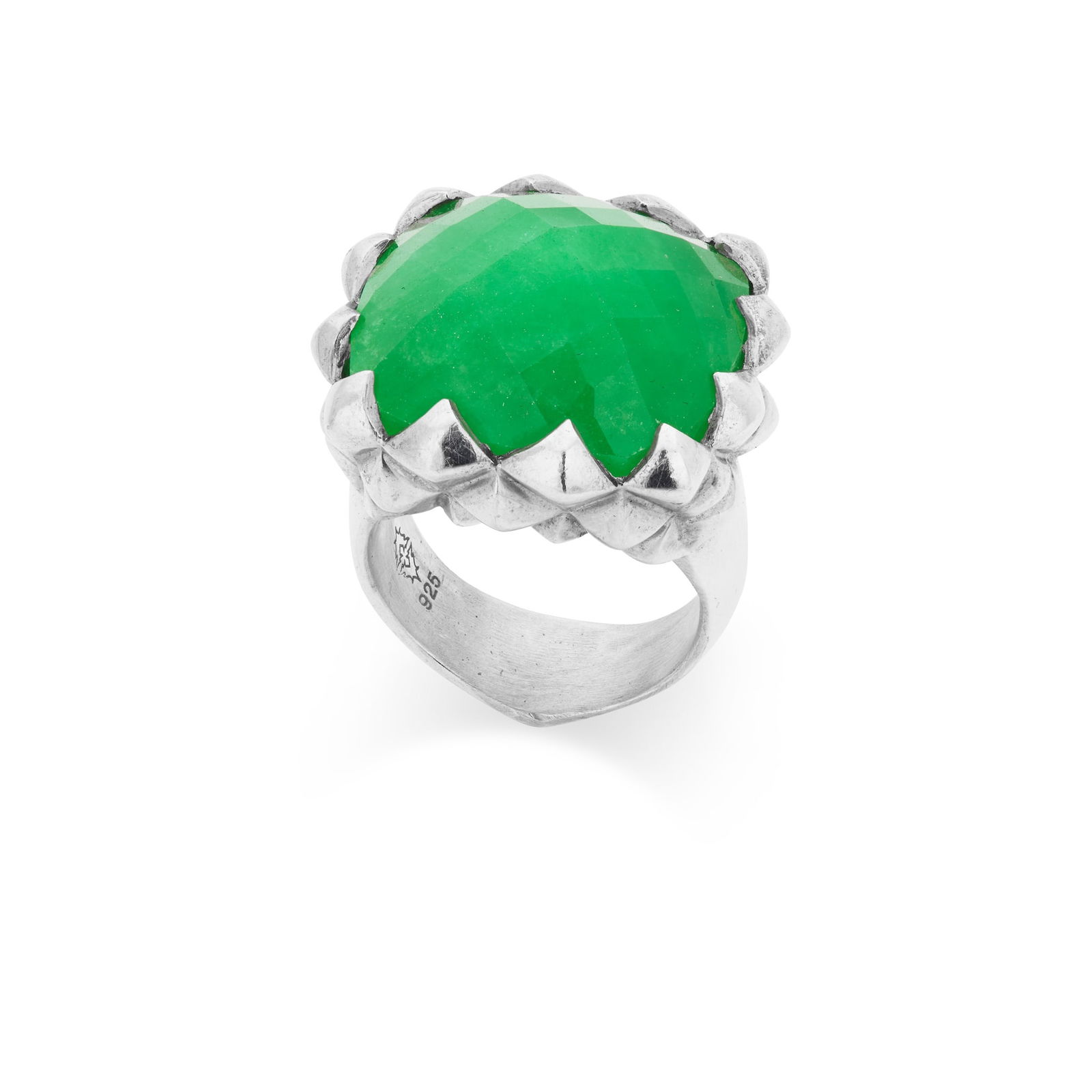 Stephen Webster: A synthetic chrysoprase doublet 'Superstud' ring: Stephen Webster: A synthetic chrysoprase doublet 'Superstud' ring Claw-set with a synthetic chrysoprase doublet, in a textured surround, stamped 925 (Ring size: P)