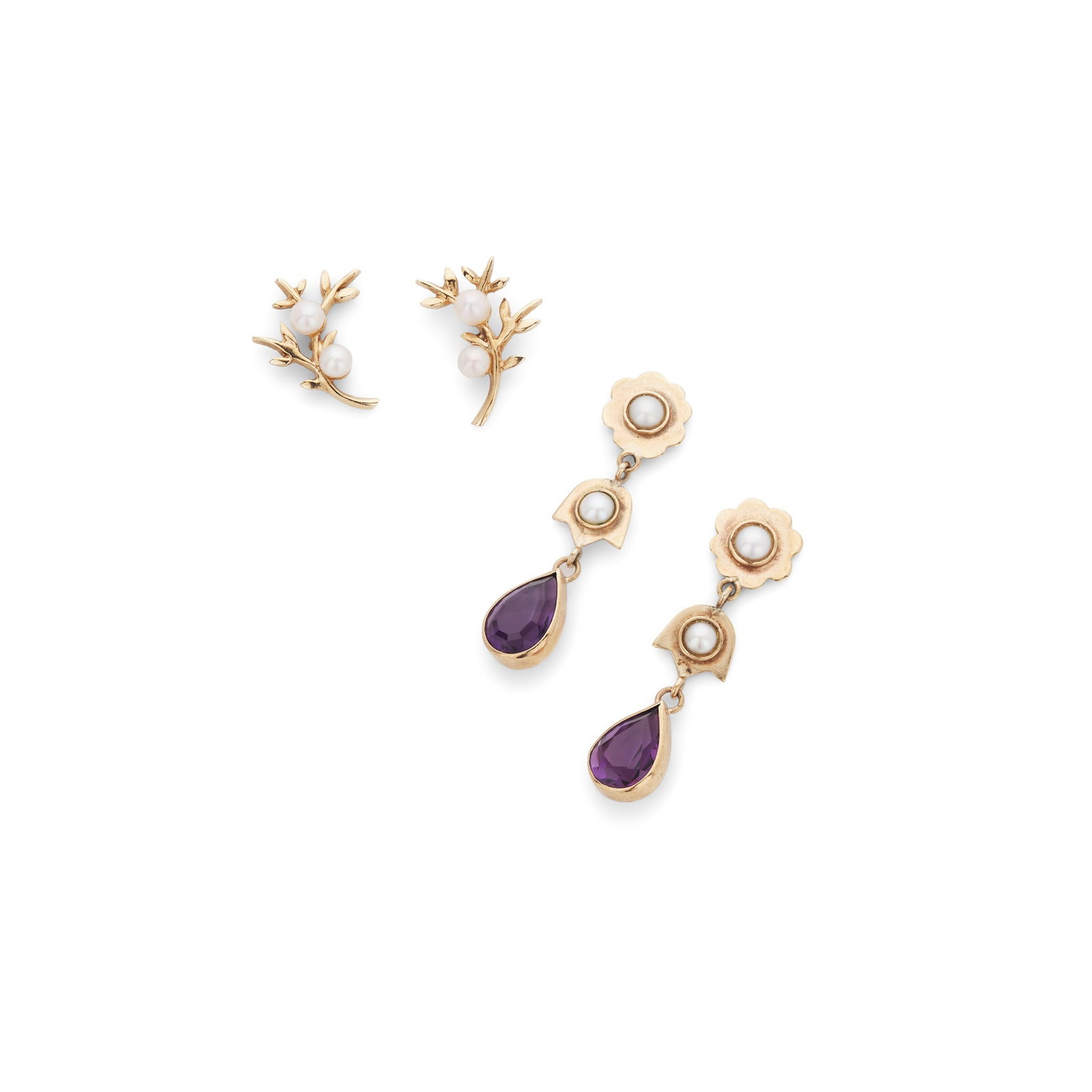 A pair of amethyst and pearl pendent earrings: A pair of amethyst and pearl pendent earrings Each composed of shaped links set with a split-pearl, suspending a pear-shaped amethyst; post and butterfly fittings; together with a pair of Scottish pea
