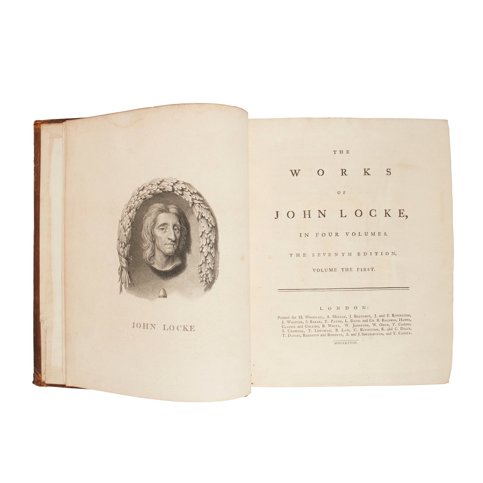 Locke, John The Works: Locke, John The Works London: H. Woodfall [and others], 1768. Seventh edition, 4 volumes, 4to, contemporary marbled calf, gilt spines, engraved portrait frontispiece, armorial bookplates to versos of 