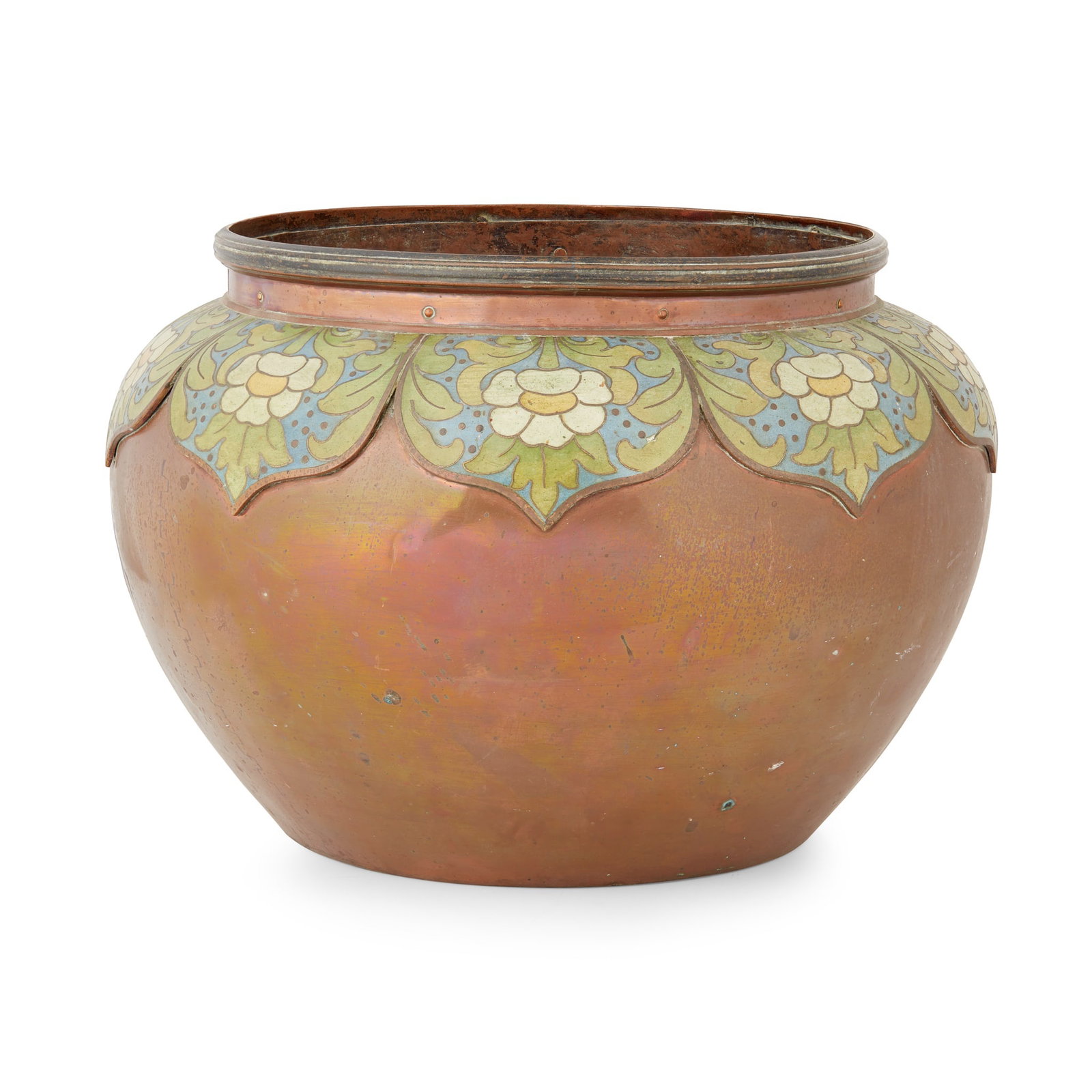 CLEMENT HEATON (1861-1940) ARTS & CRAFTS JARDINIÈRE, CIRCA 1890: CLEMENT HEATON (1861-1940) ARTS & CRAFTS JARDINIÈRE, CIRCA 1890 copper with applied cloisonné decoration (26.5cm high) Note: Clement Heaton, an early member of A.H. Mackmurdo’s Century