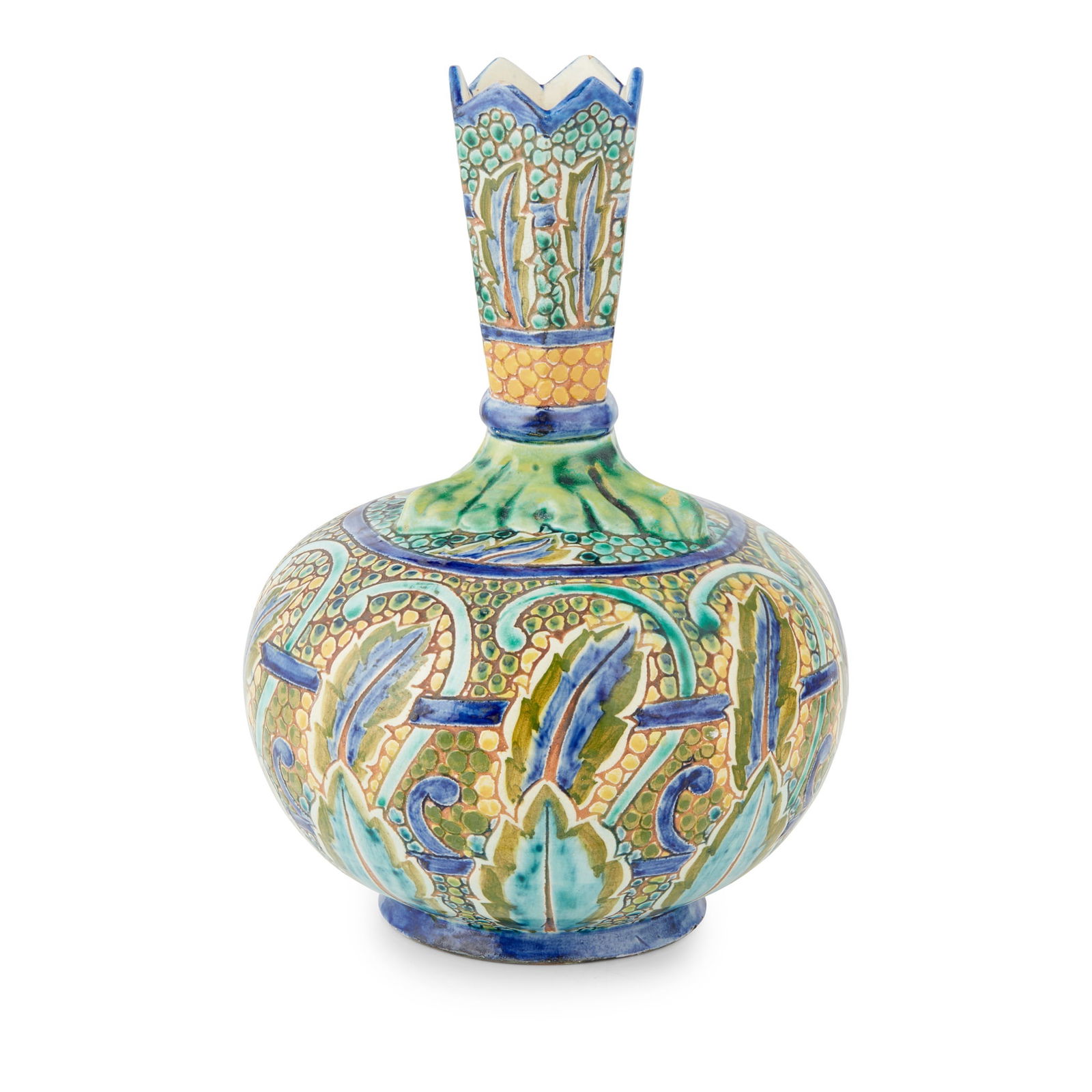 DELLA ROBBIA POTTERY, BIRKENHEAD BOTTLE VASE, 1896: DELLA ROBBIA POTTERY, BIRKENHEAD BOTTLE VASE, 1896 glazed terracotta, incised maker's and artist's marks, dated '96 (24cm high)