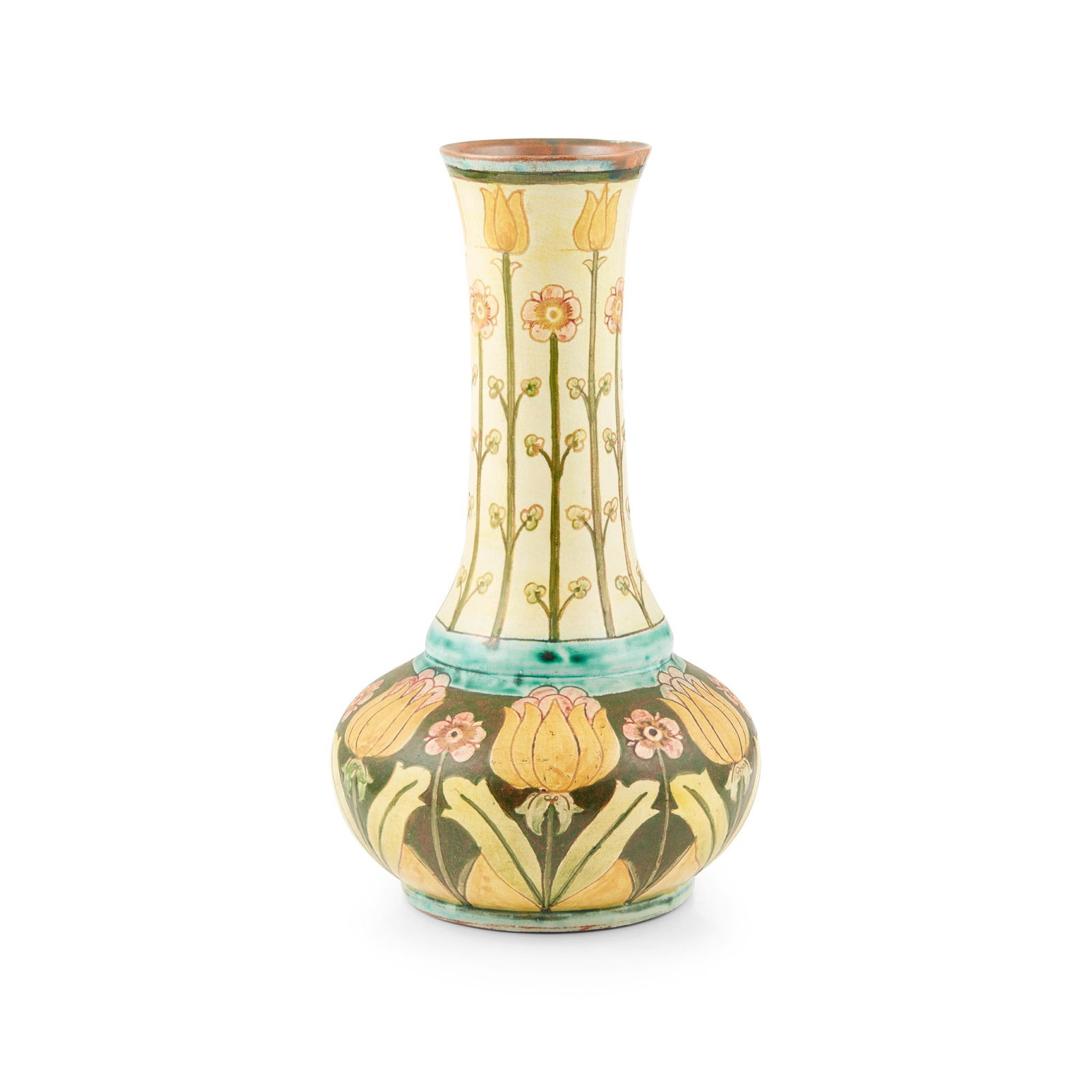 DELLA ROBBIA POTTERY, BIRKENHEAD VASE, CIRCA 1900: DELLA ROBBIA POTTERY, BIRKENHEAD VASE, CIRCA 1900 glazed earthenware, incised pottery marks with initials JF/ GR (for decorators John Foggo and Gertrude Russell), From C (probably based on a design by