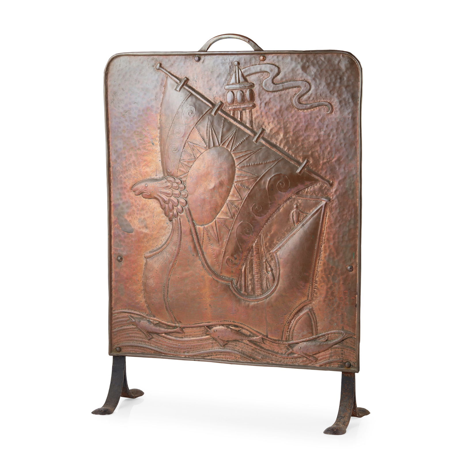 JOHN PEARSON (1859-1930) FIRESCREEN, CIRCA 1890: JOHN PEARSON (1859-1930) FIRESCREEN, CIRCA 1890 repoussé-decorated copper, patinated wrought iron, stamped to reverse JP (69cm x 51cm)