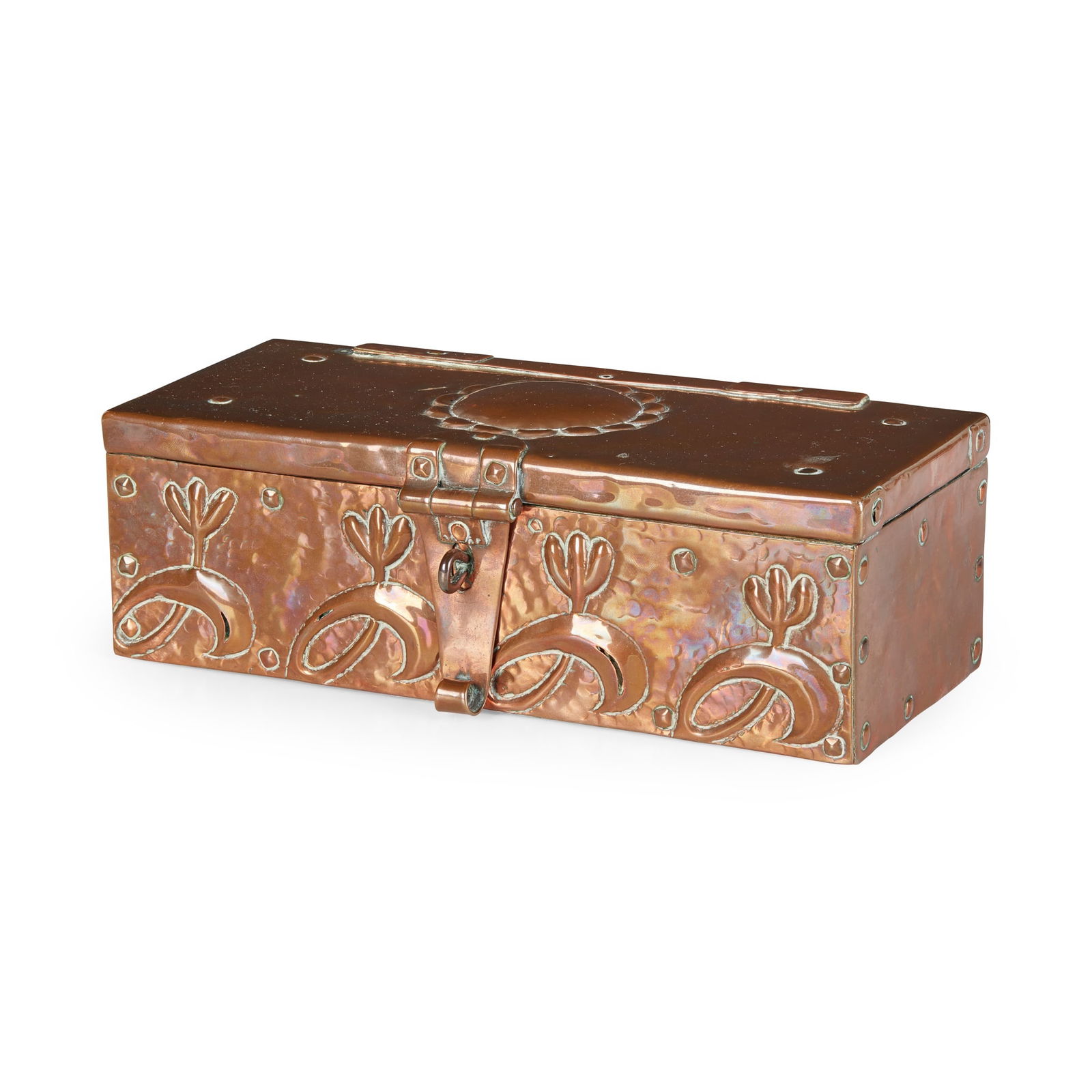 JOHN PEARSON (1859-1930) ARTS & CRAFTS CASKET, 1899: JOHN PEARSON (1859-1930) ARTS & CRAFTS CASKET, 1899 repoussé-decorated copper, signed and dated to the rear J.P. 1899 (23cm wide, 7.3cm high, 10cm deep)