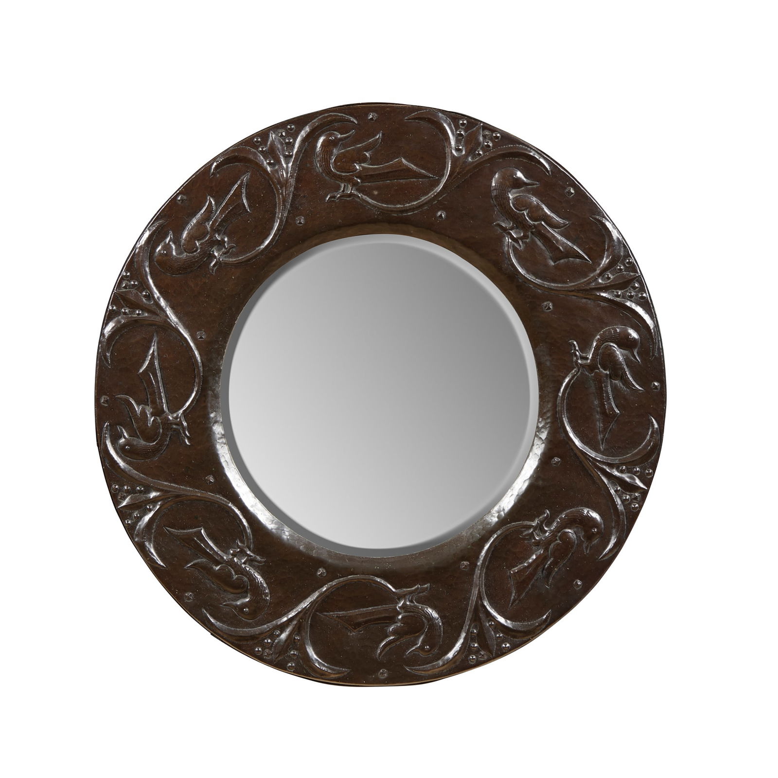 JOHN PEARSON (1859-1930) ARTS & CRAFTS WALL MIRROR, CIRCA 1900: JOHN PEARSON (1859-1930) ARTS & CRAFTS WALL MIRROR, CIRCA 1900 repoussé-decorated copper (40cm diameter)