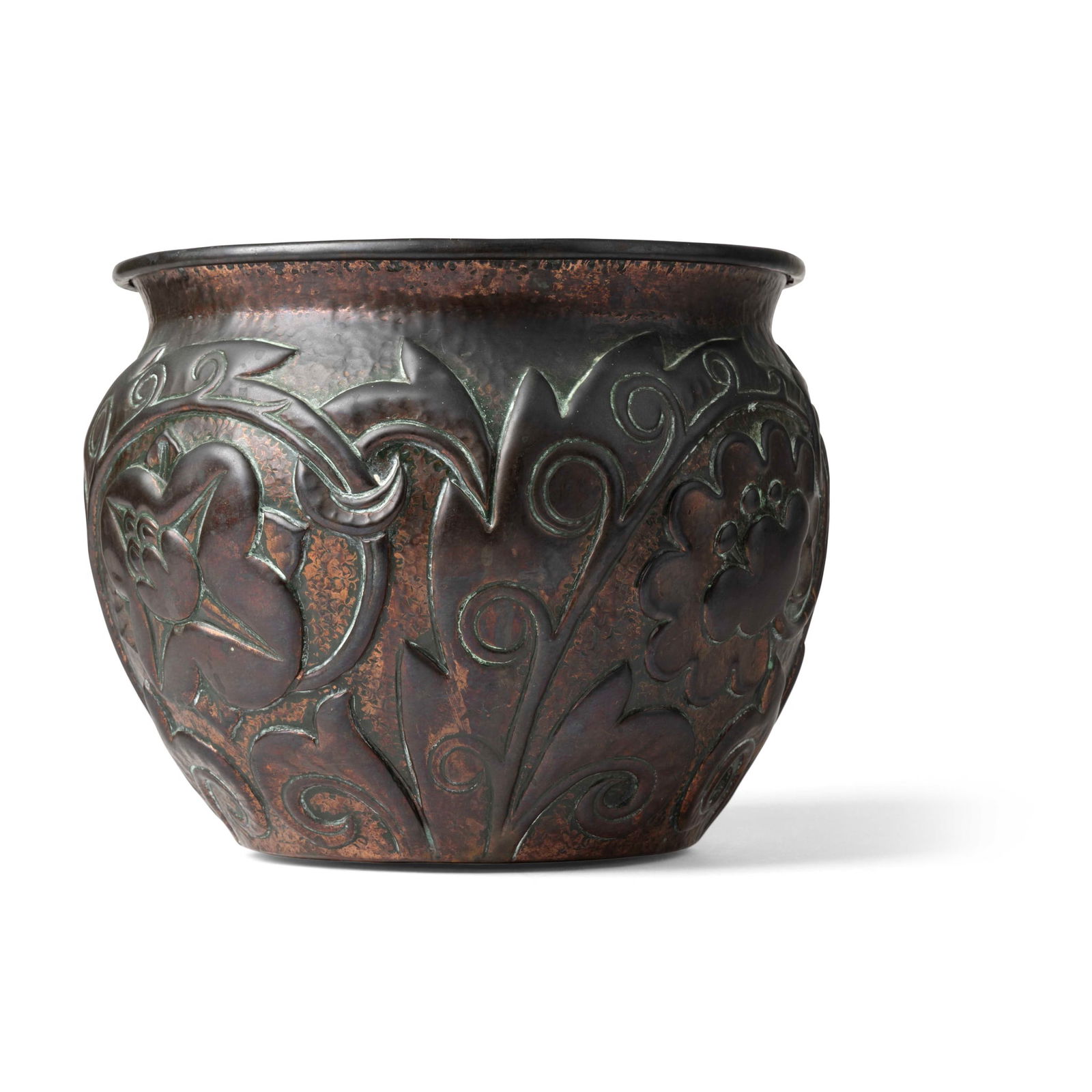 JOHN PEARSON (1859-1930) JARDINIÈRE, 1897: JOHN PEARSON (1859-1930) JARDINIÈRE, 1897 repoussé-decorated copper, signed and dated to base J. PEARSON/ 1897/ 2332 (20cm high)