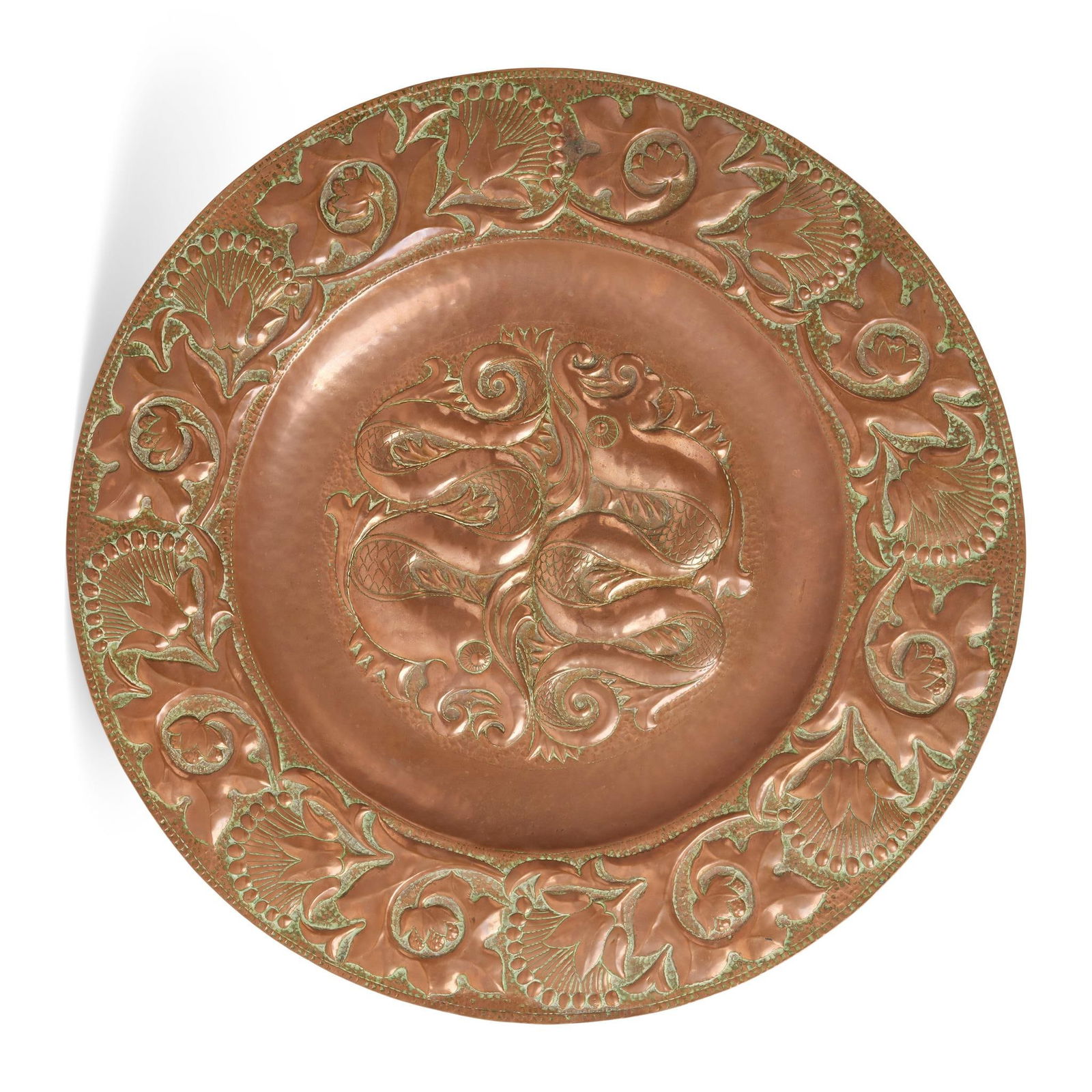 JOHN PEARSON (1859-1930) ARTS & CRAFTS CHARGER, 1893: JOHN PEARSON (1859-1930) ARTS & CRAFTS CHARGER, 1893 repousse-decorated copper, signed verso J. PEARSON 1893 (51.4cm diameter)