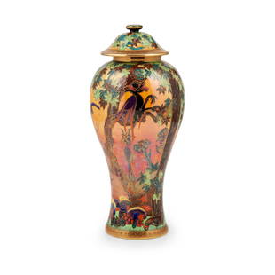 DAISY MAKEIG-JONES (1881-1945) FOR WEDGWOOD 'GHOSTLY WOOD' FLAME FAIRYLAND LUSTRE COVERED VASE, CIRC: DAISY MAKEIG-JONES (1881-1945) FOR WEDGWOOD 'GHOSTLY WOOD' FLAME FAIRYLAND LUSTRE COVERED VASE, CIRCA 1925 lustre-glazed earthenware, printed and painted in gilt and coloured enamels, printed factory