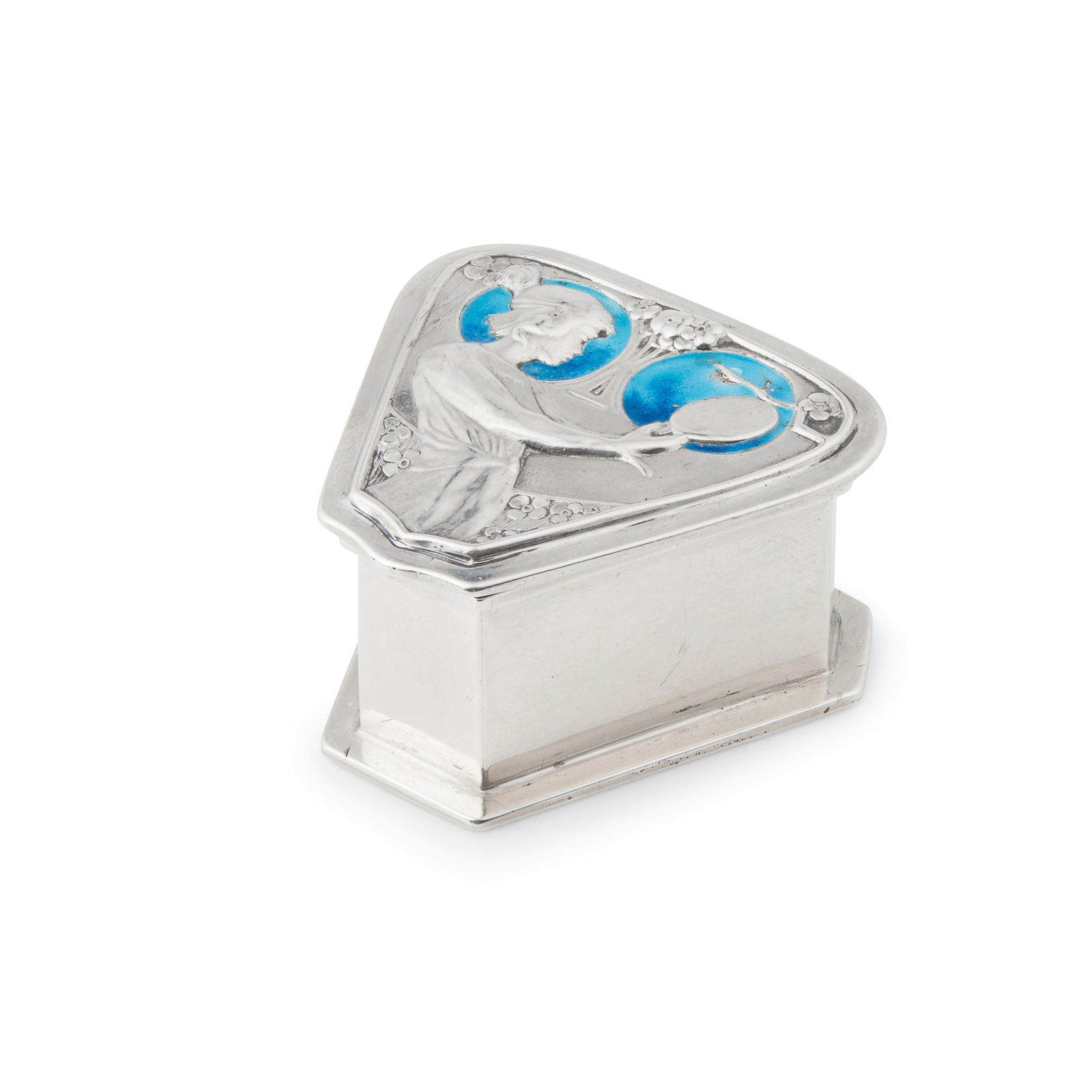 KATE HARRIS (1878-1949) FOR WILLIAM HUTTON & SONS LTD. PILL BOX, LONDON 1903: KATE HARRIS (1878-1949) FOR WILLIAM HUTTON & SONS LTD. PILL BOX, LONDON 1903 silver and enamel, with silver gilt interior, stamped maker's mark, hallmarked London 1903 (4cm across, 2.5cm high)