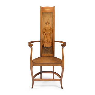 SCOTTISH. MANNER OF GEORGE WALTON ART NOUVEAU ARMCHAIR, CIRCA 1900: SCOTTISH. MANNER OF GEORGE WALTON ART NOUVEAU ARMCHAIR, CIRCA 1900 stained beech, with polychrome painted panel (64.2cm wide, 136cm high, 48cm deep)