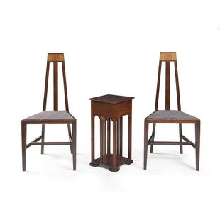 ATTRIBUTED TO ERNEST ARCHIBALD TAYLOR (1874-1951) FOR WYLIE & LOCHHEAD, GLASGOW PAIR OF GLASGOW SCHO: ATTRIBUTED TO ERNEST ARCHIBALD TAYLOR (1874-1951) FOR WYLIE & LOCHHEAD, GLASGOW PAIR OF GLASGOW SCHOOL SIDE CHAIRS, CIRCA 1900 stained beech, with marquetry panels, and later upholstery, 45.5cm wide,