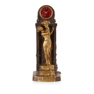 ‡ CHARLES KORSCHANN (1872-1943) ART NOUVEAU FIGURAL CLOCK, 1897: ‡ CHARLES KORSCHANN (1872-1943) ART NOUVEAU FIGURAL CLOCK, 1897 patinated bronze, the single train movement with painted enamel dial, signed in the bronze KORSCHANN/ PARIS/ 97 (31cm high)