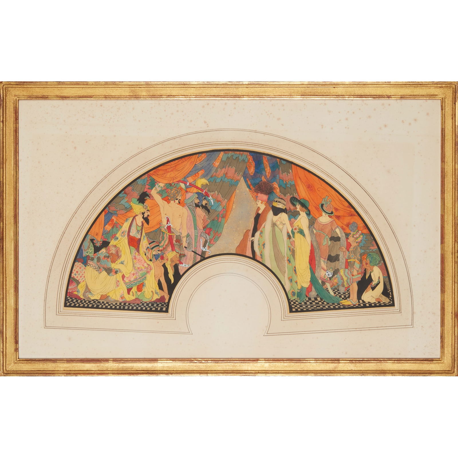 MANNER OF GEORGE BARBIER THREE STUDIES FOR FANS, 1920S: MANNER OF GEORGE BARBIER THREE STUDIES FOR FANS, 1920S 'East meets West', ink and watercolour on silk, 24.5cm x 49cm (43cm x 67.5cm including frame); 'The Serpent Killed', ink and watercolour on paper