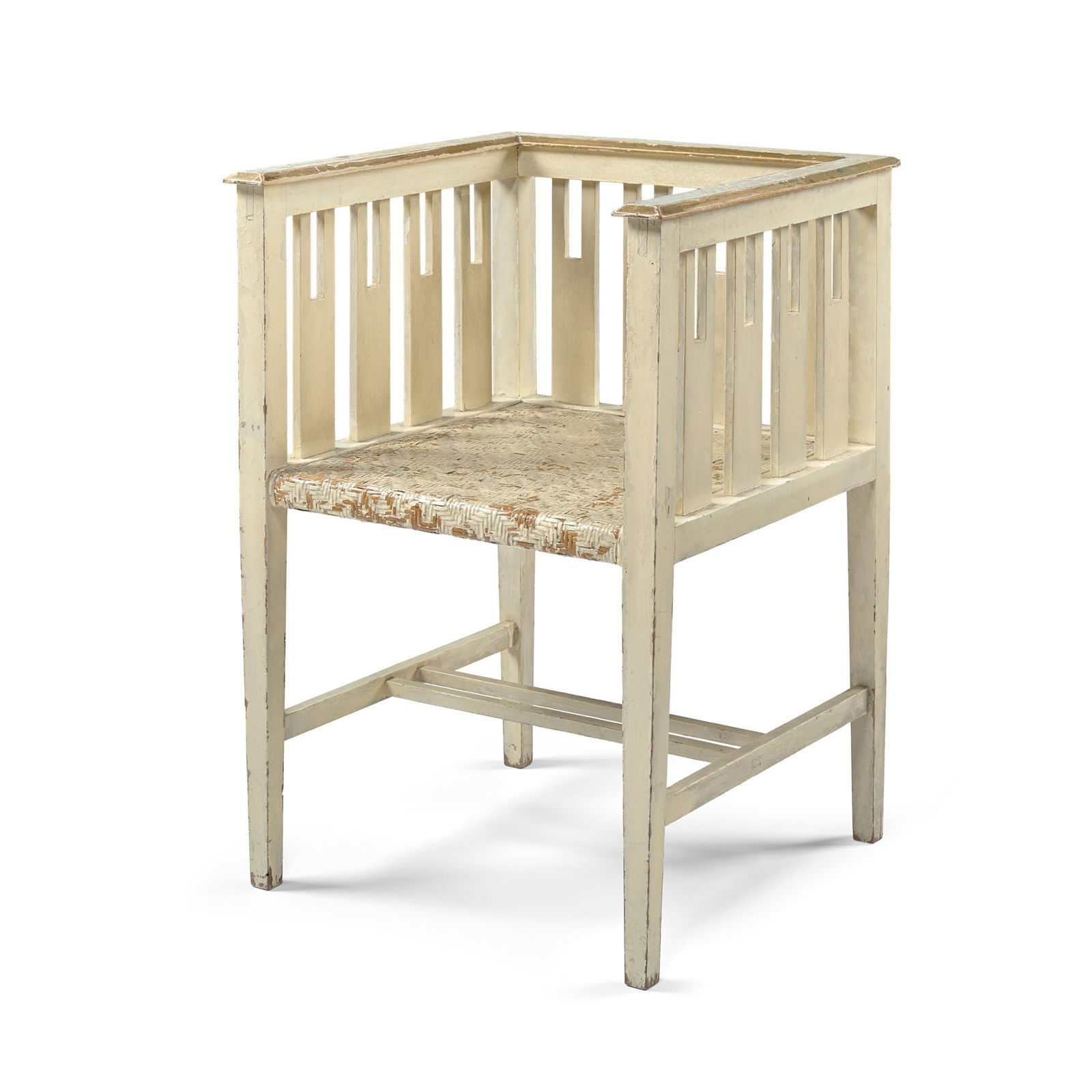 ATTRIBUTED TO HANS VOLLMER (1879-1946), POSSIBLY FOR PRAG-RUDNIKER, AUSTRIA SECESSIONIST ARMCHAIR, C: ATTRIBUTED TO HANS VOLLMER (1879-1946), POSSIBLY FOR PRAG-RUDNIKER, AUSTRIA SECESSIONIST ARMCHAIR, CIRCA 1910 white and gold painted wood, woven rattan (43cm wide, 76.5cm high, 53cm deep)