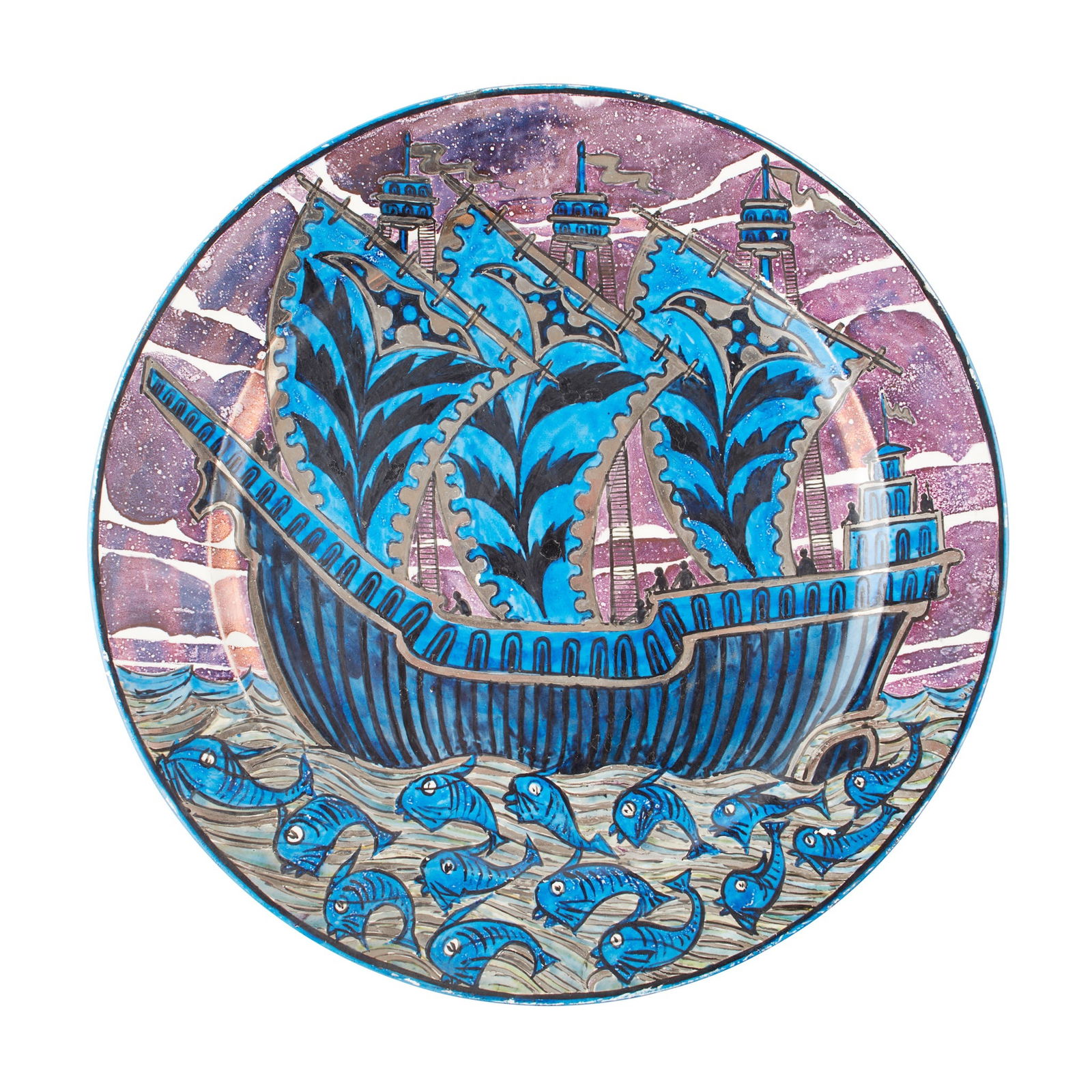 JOHN PEARSON (1859-1930) LARGE PLATE, CIRCA 1900: JOHN PEARSON (1859-1930) LARGE PLATE, CIRCA 1900 painted earthenware, decorated verso with a fish and artist's monogram (36cm diameter)
