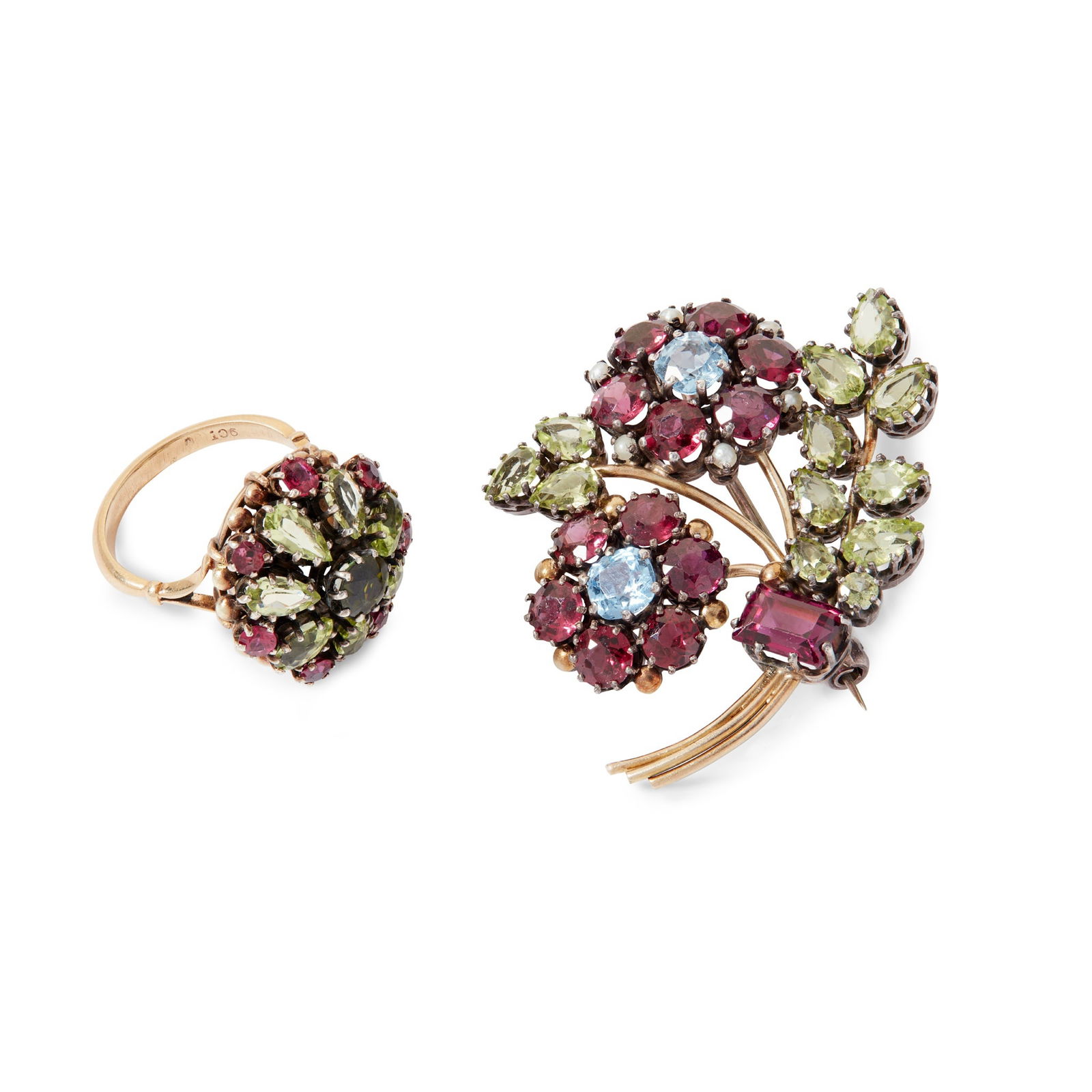 ATTRIBUTED TO DORRIE NOSSITER (1893-1977) BROOCH AND RING, CIRCA 1930: ATTRIBUTED TO DORRIE NOSSITER (1893-1977) BROOCH AND RING, CIRCA 1930 the BROOCH, mixed metals, set with amethysts, seed pearls, tourmalines etc., 4.3cm tall; the RING, yellow metal, set with similar