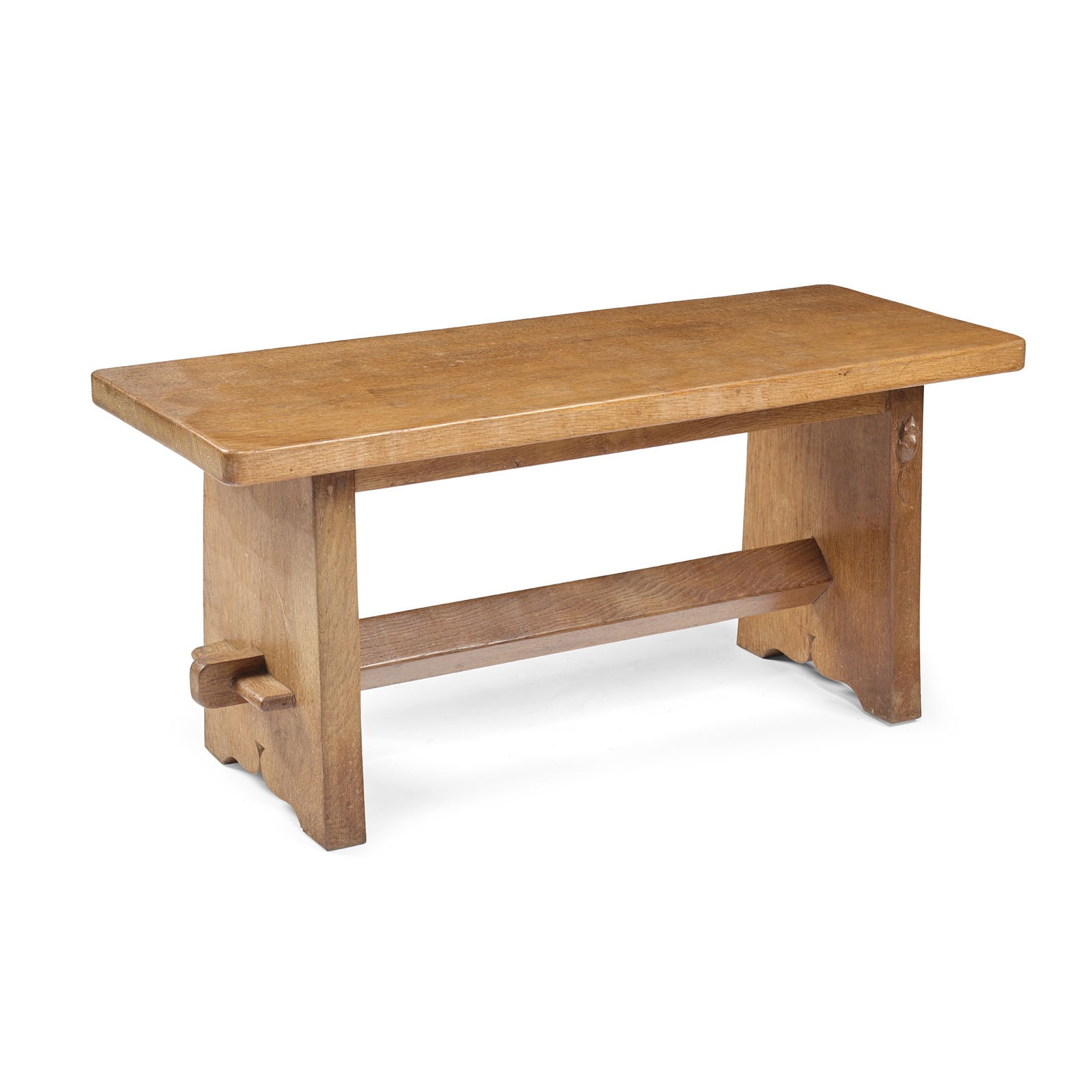 ROBERT ‘MOUSEMAN’ THOMPSON (1876-1955) COFFEE TABLE/ STOOL, 1950's: ROBERT ‘MOUSEMAN’ THOMPSON (1876-1955) COFFEE TABLE/ STOOL, 1950's oak, with carved mouse signature (91.2cm long, 41.5cm high, 35cm deep) Provenance: Purchased from the vendor's uncle and