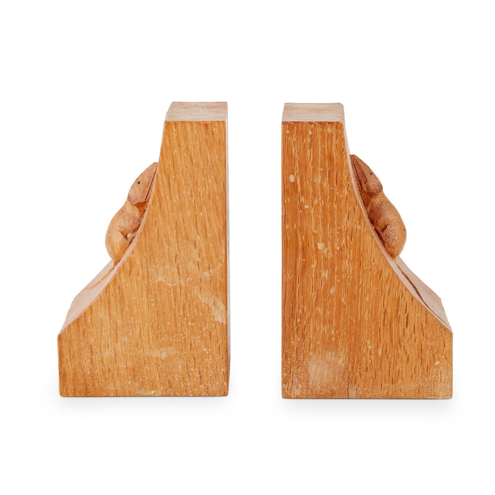 ROBERT ‘MOUSEMAN’ THOMPSON (1876-1955) PAIR OF BOOKENDS, 1950's: ROBERT ‘MOUSEMAN’ THOMPSON (1876-1955) PAIR OF BOOKENDS, 1950's oak, with carved mouse signature (each 9.1cm wide, 15cm high, 9.2cm deep) Qty: (2) Provenance: Purchased from the vendor's u