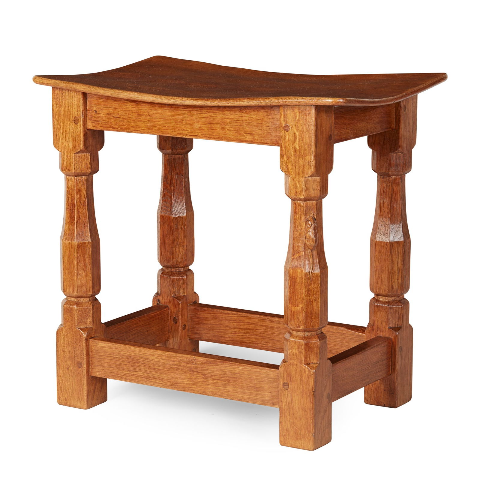 ROBERT ‘MOUSEMAN’ THOMPSON (1876-1955) STOOL, CIRCA 1970's-80's: ROBERT ‘MOUSEMAN’ THOMPSON (1876-1955) STOOL, CIRCA 1970's-80's oak, with carved mouse signature (40.5cm wide, 38.5cm high, 26cm deep)