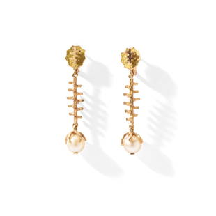 A pair of cultured pearl earrings, 1970s: A pair of cultured pearl earrings, 1970s Each cultured pearl with a textured claw mount, to a four-sided textured rod connector and tiered abstract design surmount, post fittings, Dutch marks