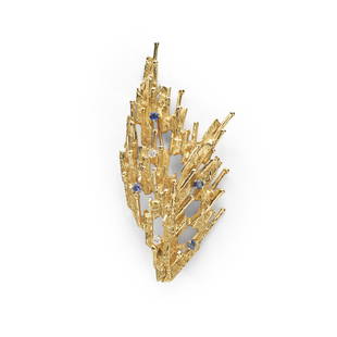 Kutchinsky: A sapphire and diamond brooch, 1967: Kutchinsky: A sapphire and diamond brooch, 1967 Of abstract design, composed of textured 18ct gold rods accented with circular-cut sapphires and brilliant-cut diamonds, signed Kutchinsky, maker's