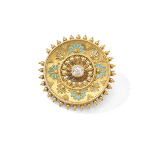 Carlo Giuliano: A diamond and enamel brooch, 1860s: Carlo Giuliano: A diamond and enamel brooch, 1860s The circular plaque with beadwork border, decorated with filigree motifs and accented with turquoise and white enamel, centring on an old brilliant-c