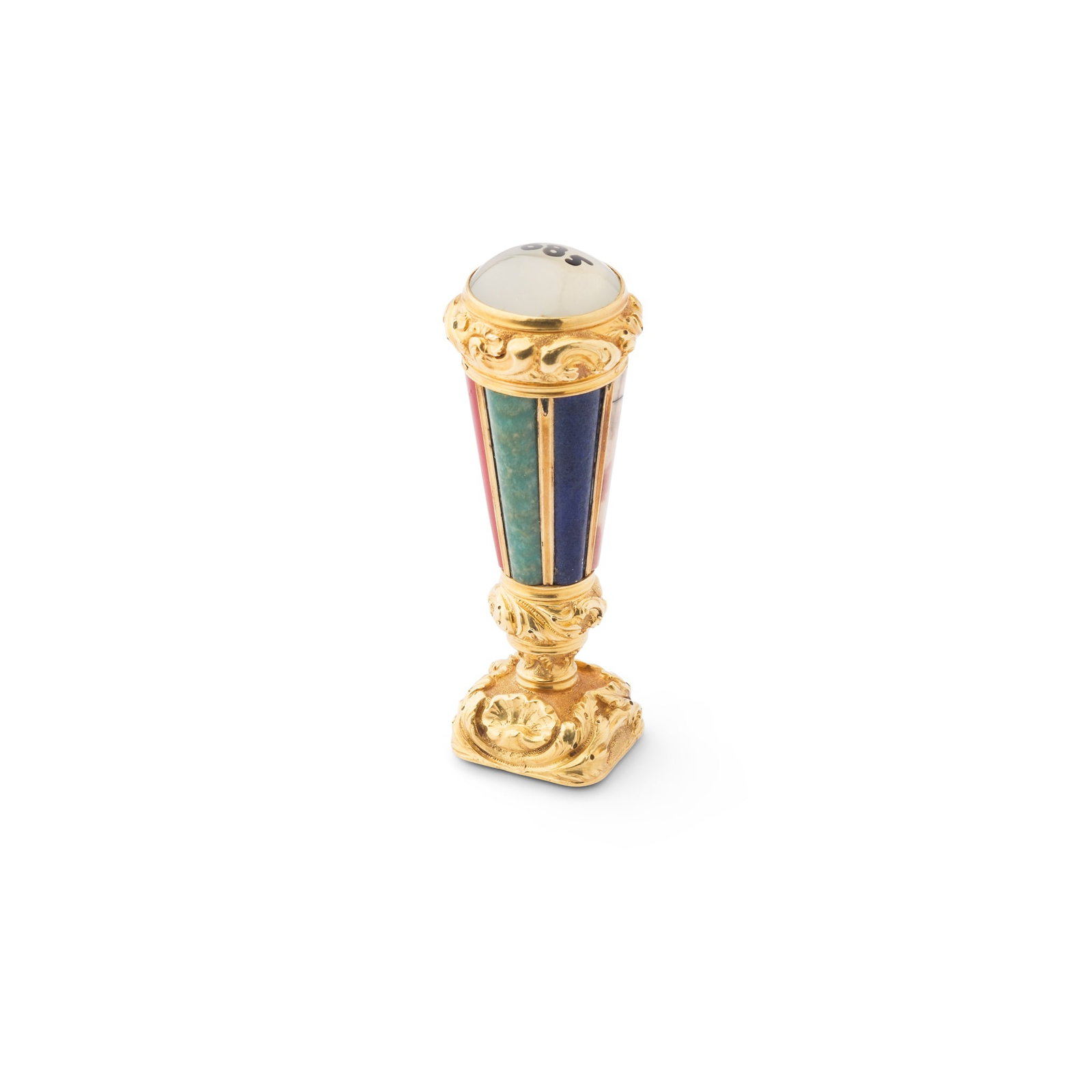 THE PLUMMER FAMILY MULTI-HARDSTONE GOLD SEAL, CIRCA 1860: THE PLUMMER FAMILY MULTI-HARDSTONE GOLD SEAL, CIRCA 1860 The domed terminal set with an agate, with a gold foliate border, the tapered stem set with panels of hardstones, including lapis lazuli and ba