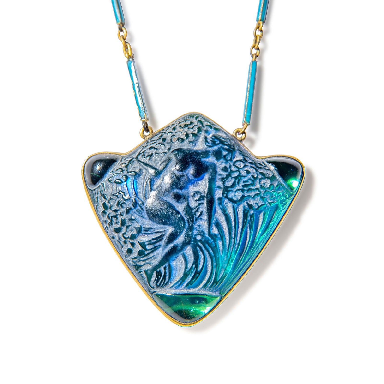 René Lalique (French 1860-1945) FEMME DANS LES FLEURS PENDANT, NO. 1625: René Lalique (French 1860-1945) FEMME DANS LES FLEURS PENDANT, NO. 1625 designed 1913 cobalt blue, with foil backing, brass mount and enamelled chain stamped LALIQUE (pendant 5cm (2in) high, 30cm