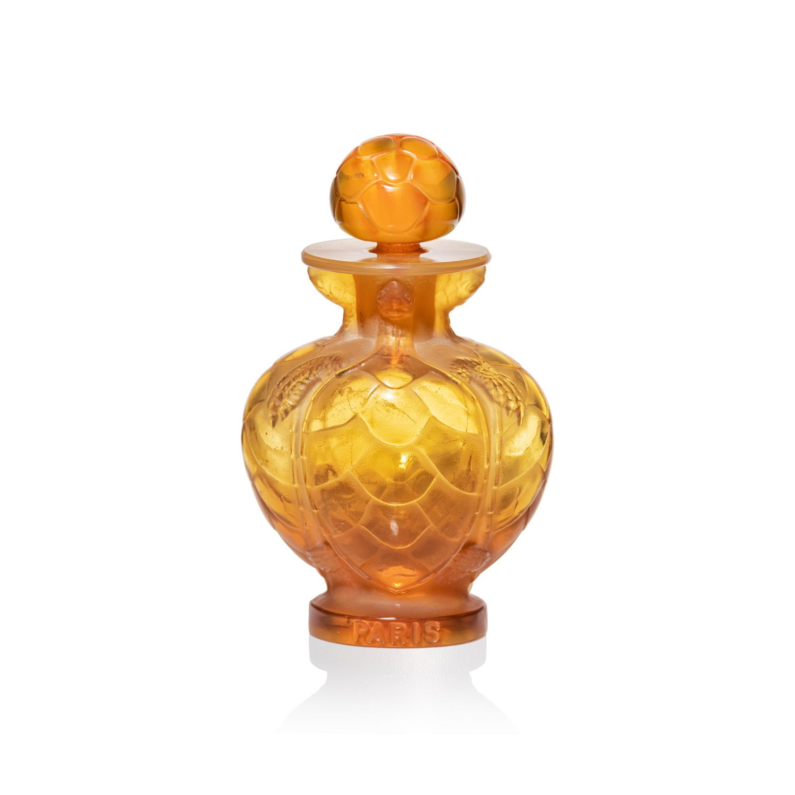 Marc Lalique (French 1900-1977) SCENT BOTTLE, MORABITO NO. 7: Marc Lalique (French 1900-1977) SCENT BOTTLE, MORABITO NO. 7 designed 1951 butterscotch stencilled LALIQUE FRANCE, intaglio MORABITO No.7 PARIS (10.8cm (4 1/4in) high) Qty: (2)