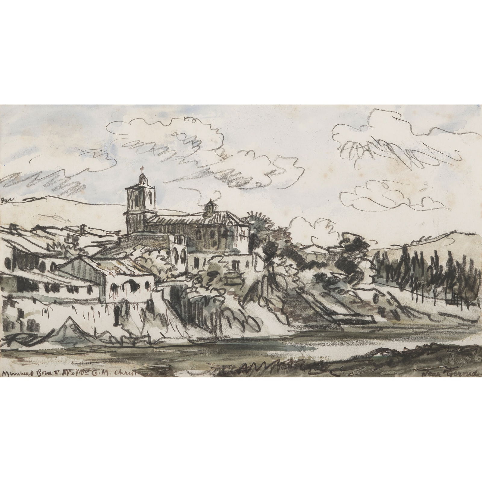 § SIR MUIRHEAD BONE H.R.S.A., H.R.W.S., H.A.R.I.B.A., H.R.E., L.L.B., D.LITT (SCOTTISH: § SIR MUIRHEAD BONE H.R.S.A., H.R.W.S., H.A.R.I.B.A., H.R.E., L.L.B., D.LITT (SCOTTISH 1876-1953) NEAR GERONA Signed and inscribed 'to Mr & Mrs G. M., Christmas '53' lower left, inscribed with ti