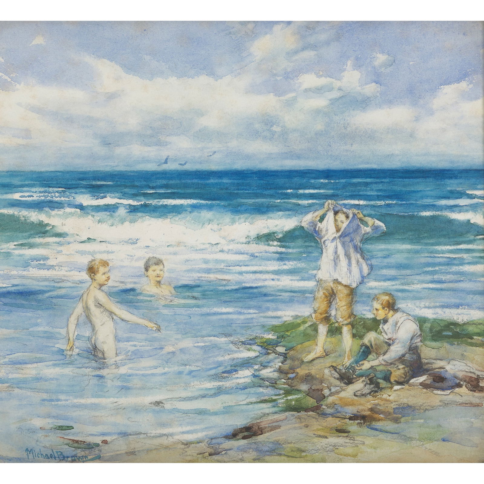 JAMES MICHAEL BROWN (SCOTTISH 1853-1947) TAKING A DIP: JAMES MICHAEL BROWN (SCOTTISH 1853-1947) TAKING A DIP Signed lower left, watercolour and pencil (27cm x 30cm (10.5in x 12in))