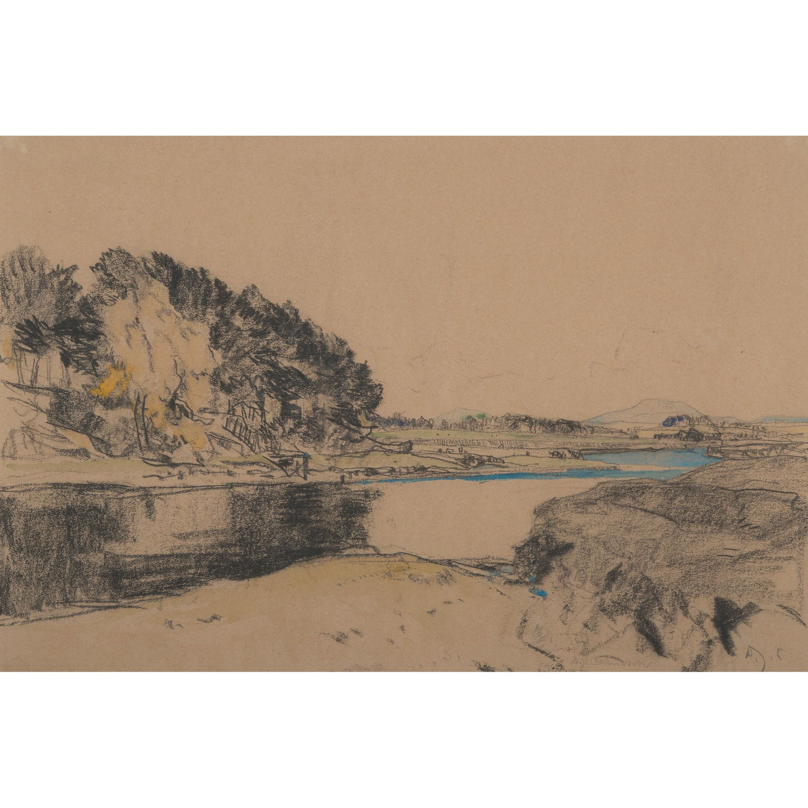 SIR DAVID YOUNG CAMERON R.A., R.S.A., R.W.S., R.S.W., R.E. (SCOTTISH 1865-1945) THE UPPER CLYDE: SIR DAVID YOUNG CAMERON R.A., R.S.A., R.W.S., R.S.W., R.E. (SCOTTISH 1865-1945) THE UPPER CLYDE Signed and signed with initials lower right, conté and watercolour on brown paper (17.5cm x 26.5cm