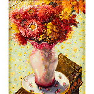 § Anthony Green R.A. (British 1939-2023) Vase of Flowers with Orange Gerbera, 2013: § Anthony Green R.A. (British 1939-2023) Vase of Flowers with Orange Gerbera, 2013 signed, dated, and titled (to reverse), oil on board (27.5cm x 22.5cm (10 3/4in x 8 7/8in)) Provenance Chris Bee