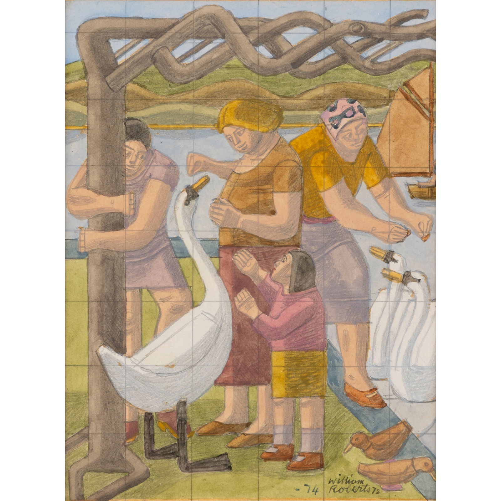 § William Roberts R.A. (British 1895-1980) Family Outing, 1974: § William Roberts R.A. (British 1895-1980) Family Outing, 1974 signed in pen (lower left), pencil, crayon and watercolour on paper (19cm x 14.5cm (7 1/2in x 5 3/4in)) Provenance Campell & Franks