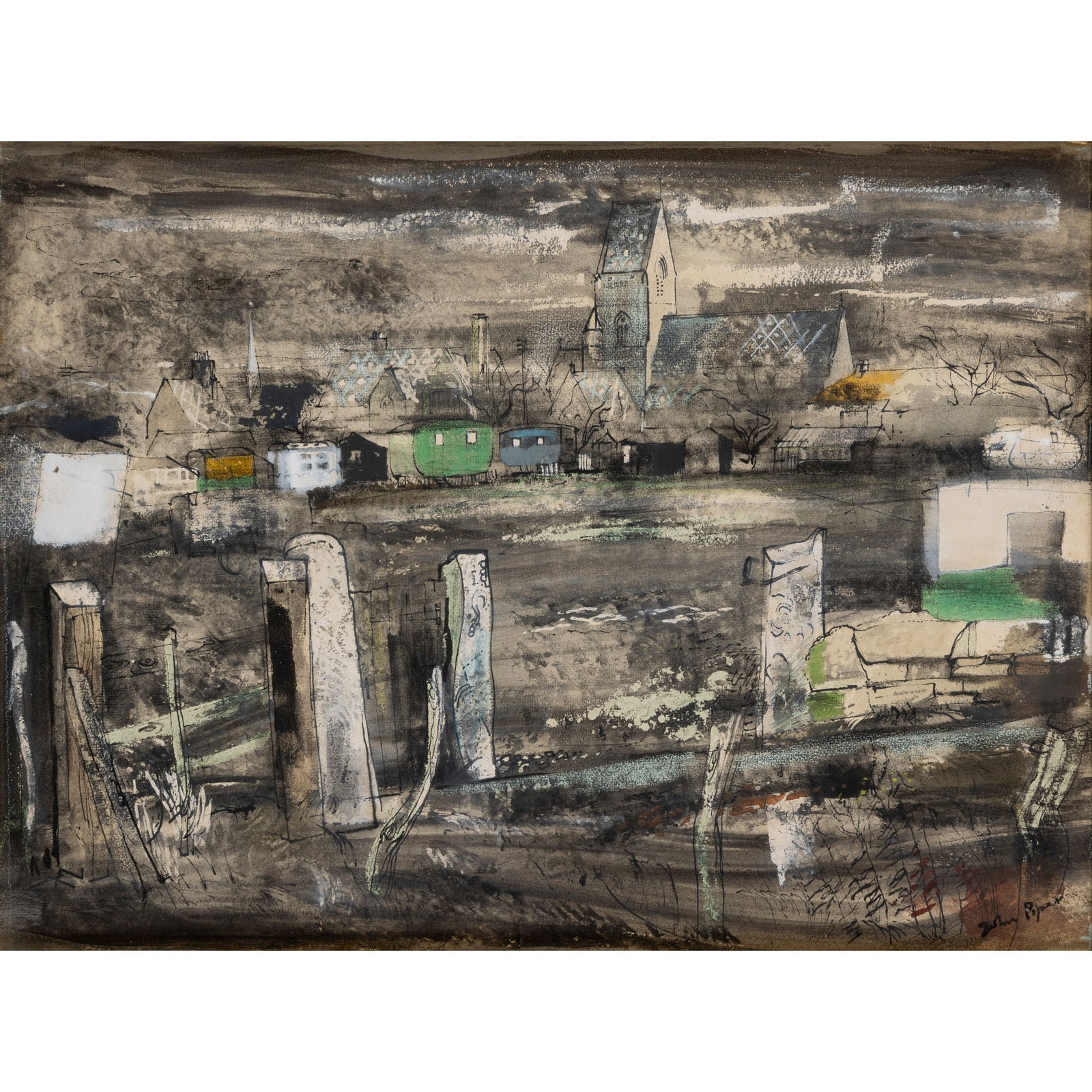 § John Piper C.H. (British 1903-1992) Town, Church and Holiday Camp, Rhyl, Wales: § John Piper C.H. (British 1903-1992) Town, Church and Holiday Camp, Rhyl, Wales signed (lower right), pen, ink, watercolour and gouache on paper (36.5cm x 49cm (14 3/8in x 19 1/4in))