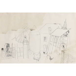 § Mary Newcomb (British 1922-2008) Farmyard in France, 1989: § Mary Newcomb (British 1922-2008) Farmyard in France, 1989 initialled in pencil (lower right), signed and titled in pencil (to reverse), pen, ink and wash on paper (20cm x 29.2cm (7 7/8in x 11 1