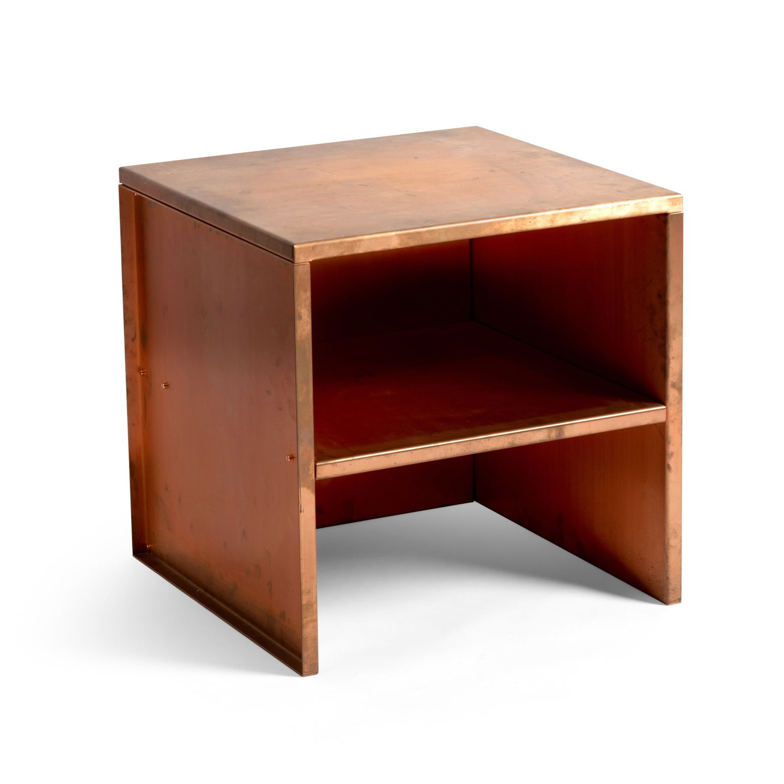 Donald Judd (American 1928-1994) for Lehni Stool 5, 1984/2018: Donald Judd (American 1928-1994) for Lehni Stool 5, 1984/2018 stamped Donald Judd / Swiss made by Lehni / 5 © 2018 / 106, copper (50cm high, 50cm wide, 50cm deep (19 1/2in high, 19 1/2in wide, 19