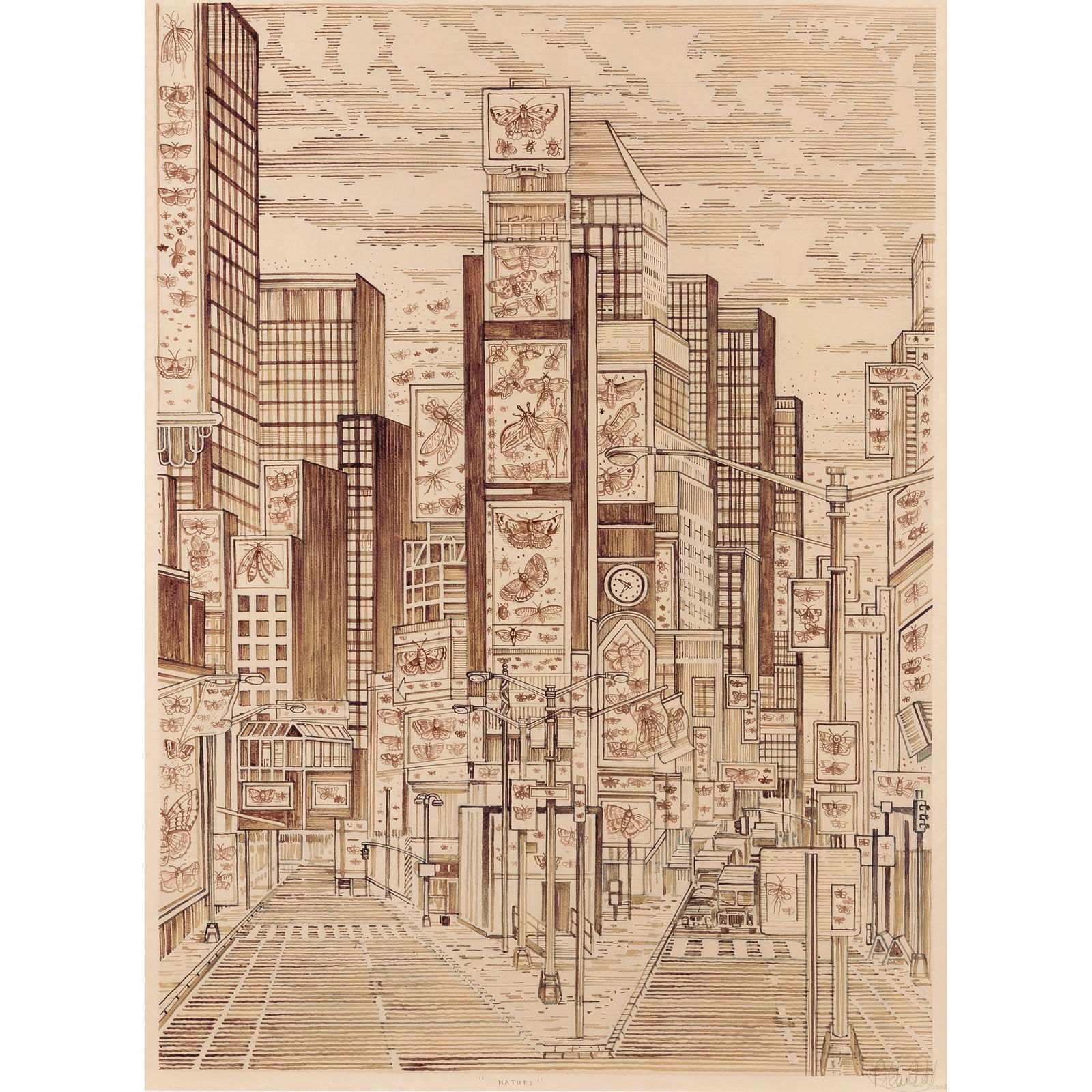 § Adam Dant (British 1967- ) Nature, 2008: Â§ Adam Dant (British 1967- ) Nature, 2008 signed and dated (lower right) and titled (lower centre) in pencil ink over a printed photo lithograph base (75.5cm x 54.5cm (29 3/4in x 21 1/2in)) Provena