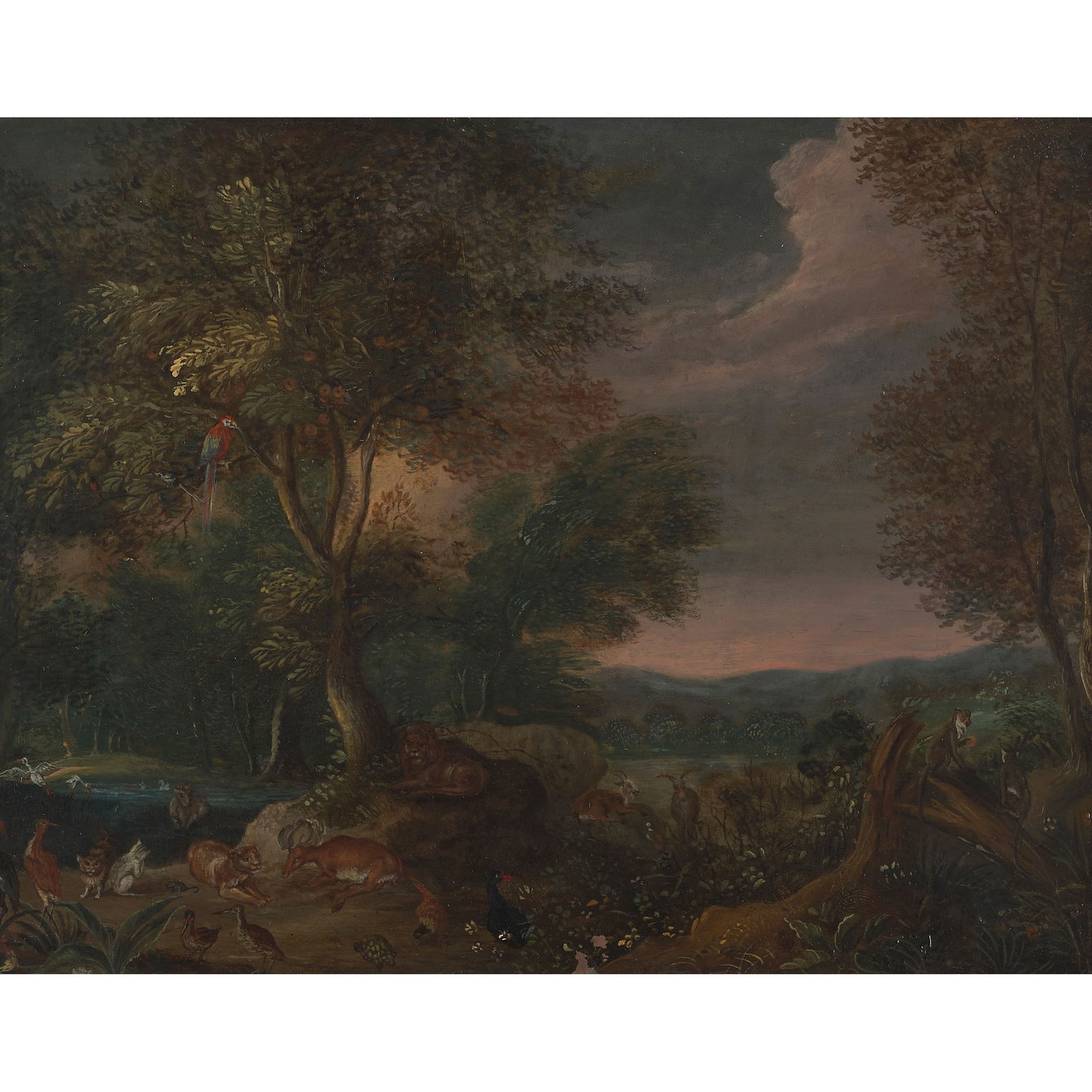 FOLLOWER OF JAN BRUEGHEL THE YOUNGER THE GARDEN OF EDEN: FOLLOWER OF JAN BRUEGHEL THE YOUNGER THE GARDEN OF EDEN Oil on copper (17cm x 22cm (6.75in x 8.75in)) Provenance: A. W. R. Baron Mackay of Blaricum, Holland (1907-1995) and thence by descent through t