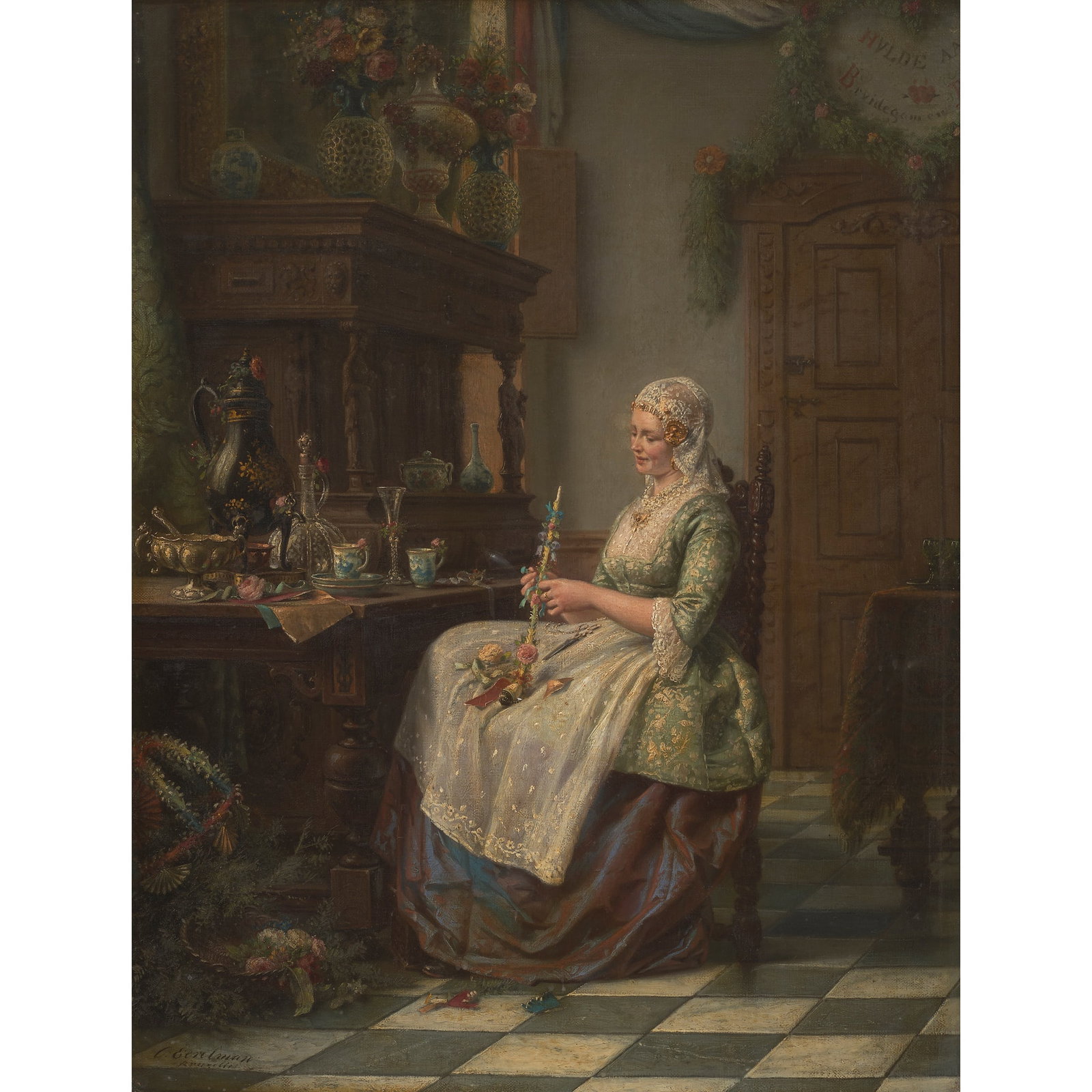 OTTO EERELMAN (DUTCH 1839-1926) THE NEW BRIDE: OTTO EERELMAN (DUTCH 1839-1926) THE NEW BRIDE Signed and inscribed 'Bruxelles', oil on canvas (85cm x 65cm (33.5in x 25.5in))