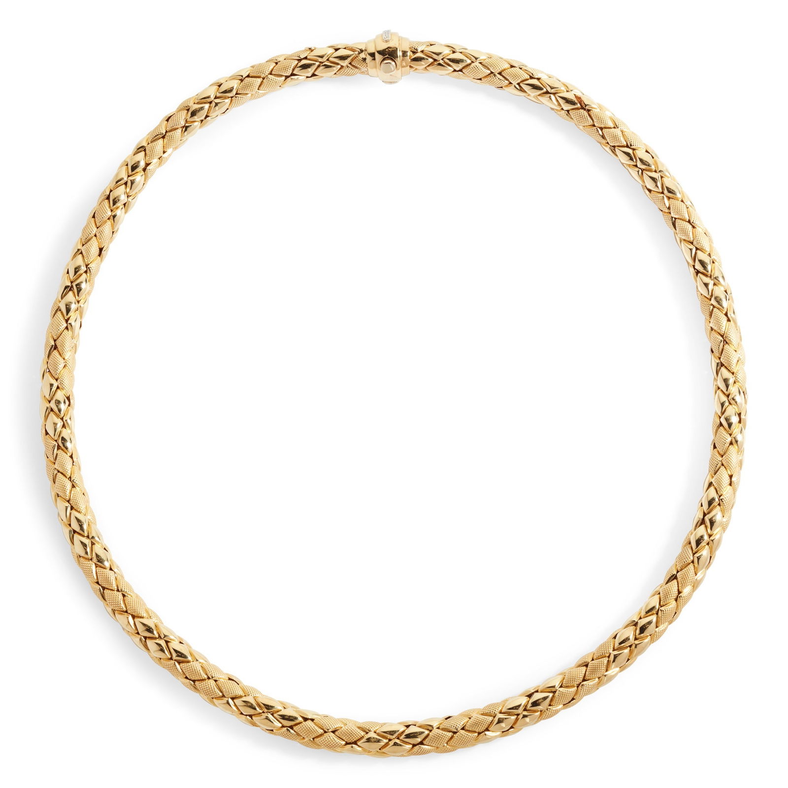 Chimento: A fancy-link necklace: Composed of polished and textured links, the clasp collet-set with a small round brilliant-cut diamond, modelled in 18ct gold (Length: 43cm)
