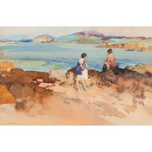 § SIR WILLIAM RUSSELL FLINT P.R.A., P.R.W.S., R.S.W., R.O.I., R.E. (SCOTTISH 1880-1969) A ROUGH: § SIR WILLIAM RUSSELL FLINT P.R.A., P.R.W.S., R.S.W., R.O.I., R.E. (SCOTTISH 1880-1969) A ROUGH BEACH, MORVERN Signed, watercolour (38cm x 56cm (15in x 22in)) Exhibited: The Fine Art Society Ltd.