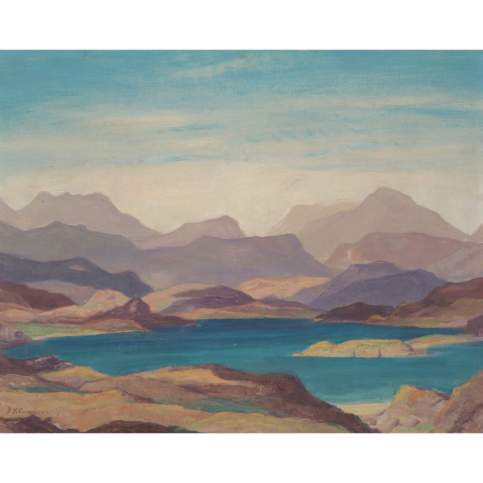 SIR DAVID YOUNG CAMERON R.A., R.S.A., R.W.S., R.S.W., R.E. (SCOTTISH 1865-1945) THE WILDS OF ROSS: SIR DAVID YOUNG CAMERON R.A., R.S.A., R.W.S., R.S.W., R.E. (SCOTTISH 1865-1945) THE WILDS OF ROSS Signed, signed and inscribed on the stretcher verso, oil on canvas (39cm x 49.5cm (15.25in x 19.5in))