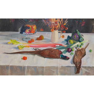 § JOHN CUNNINGHAM (SCOTTISH 1927-1998) STILL LIFE OF GARDEN PRODUCE AND GAME: JOHN CUNNINGHAM STILL LIFE OF GARDEN PRODUCE AND GAME Signed lower right, oil on canvas 70cm x 116cm (27.5in x 41.75in)