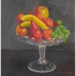 § JOHN CUNNINGHAM (SCOTTISH 1927-1998) COMPOTIER OF FRUIT: JOHN CUNNINGHAM COMPOTIER OF FRUIT Signed lower right, oil on board 33cm x 33cm (13in x 13in)